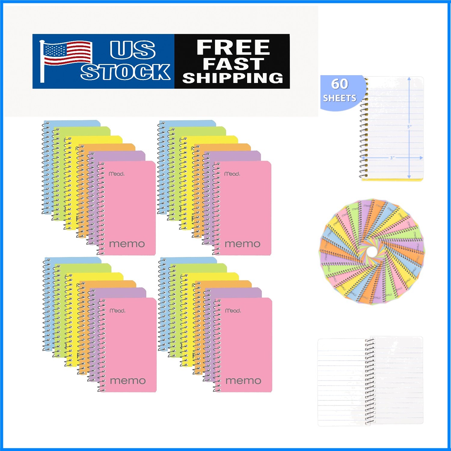 Compact 3×5” Pastel Memo Pads – 60 Sheets, 24-Pack Wirebound for Easy Writing