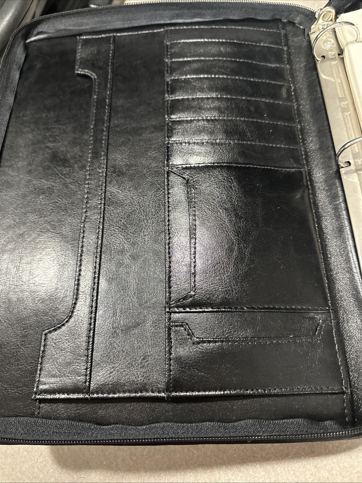 Vintage 1994 90s Black LEATHER 3 RING BINDER/NOTE BOOK Organizer Briefcase