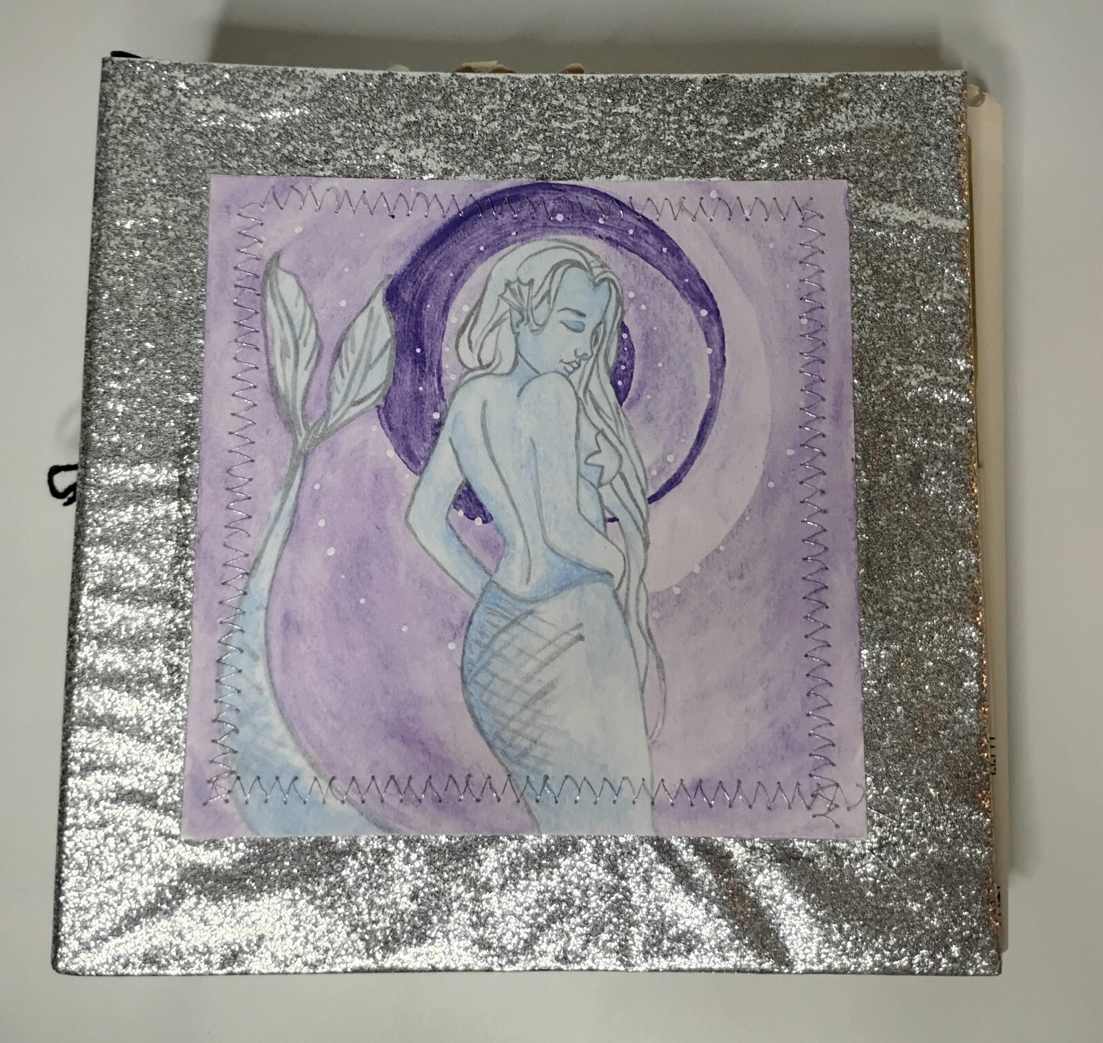 Silver Glitter Junk Journal with Handpainted Purple Watercolor Mermaid – Upcycle