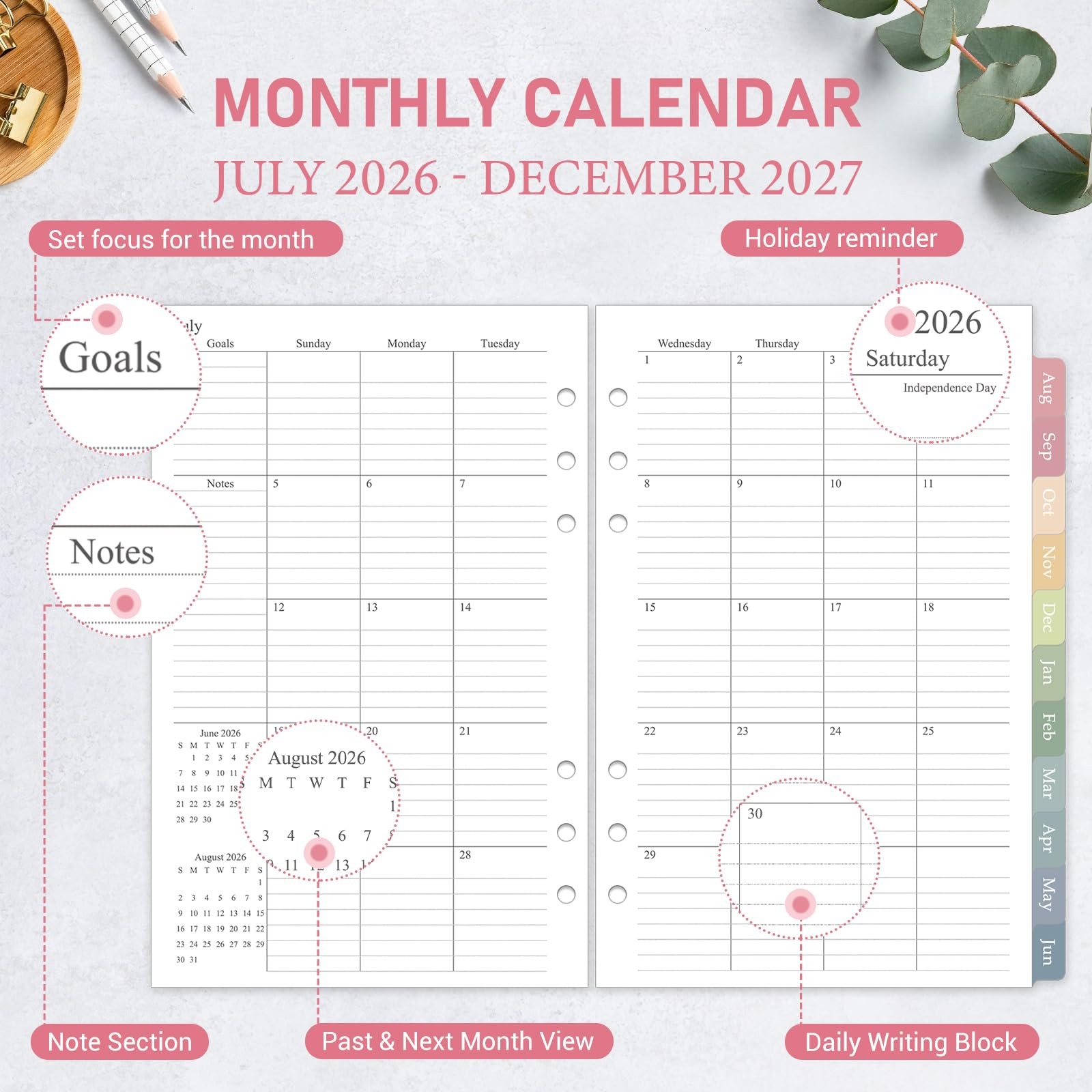 2026-2027 Monthly Planner Refill, Jul. 2026 – Dec. 2027, A5 Medium Planner In…