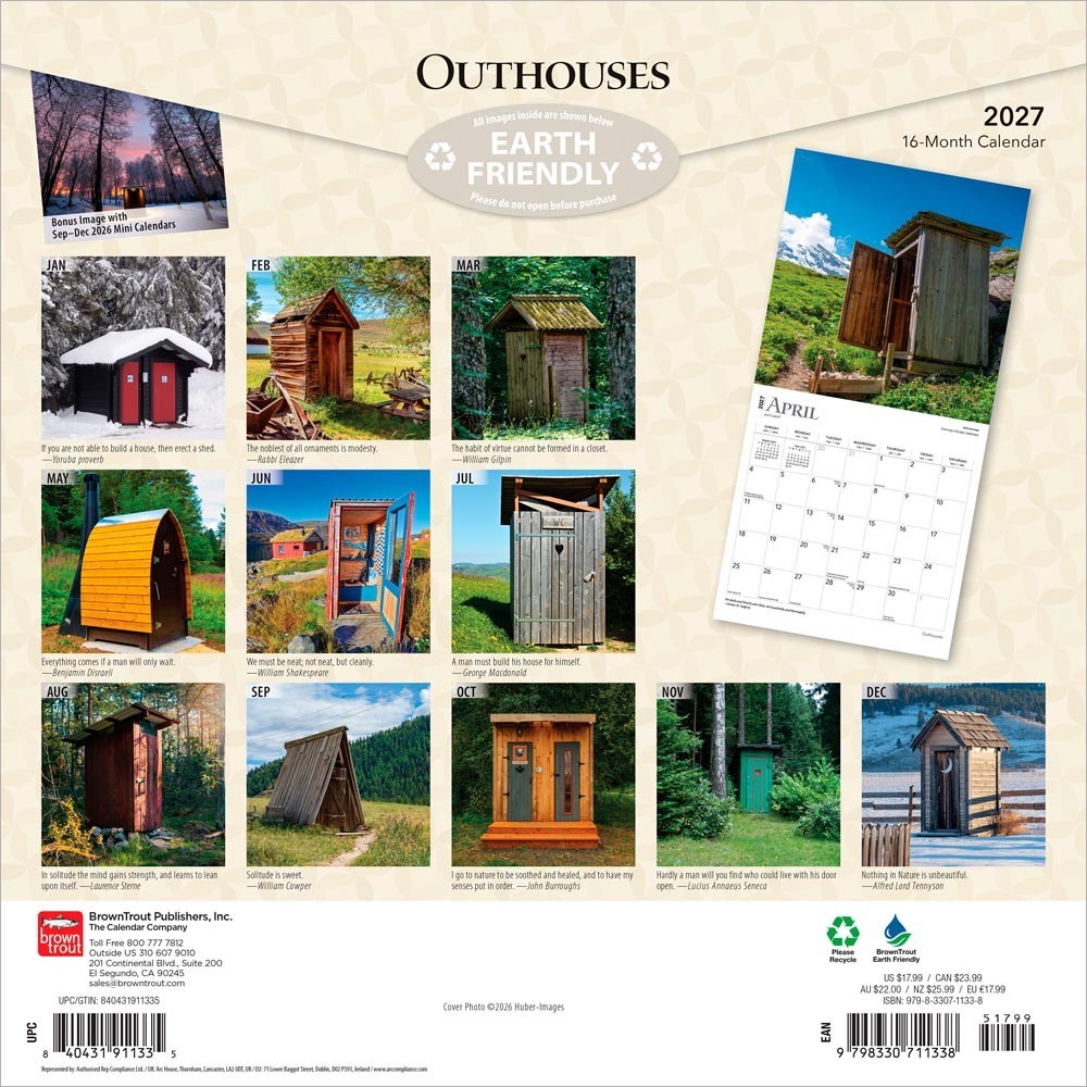 Outhouses | 2027 12×24″ (Hanging) Monthly Square Wall Calendar | Plastic-Free
