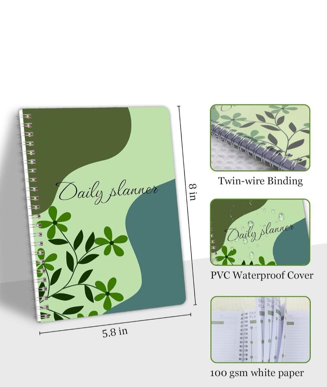 Green Floral Daily Planner Notebook 8″x5.8″ Spiral Bound, Waterproof Cover