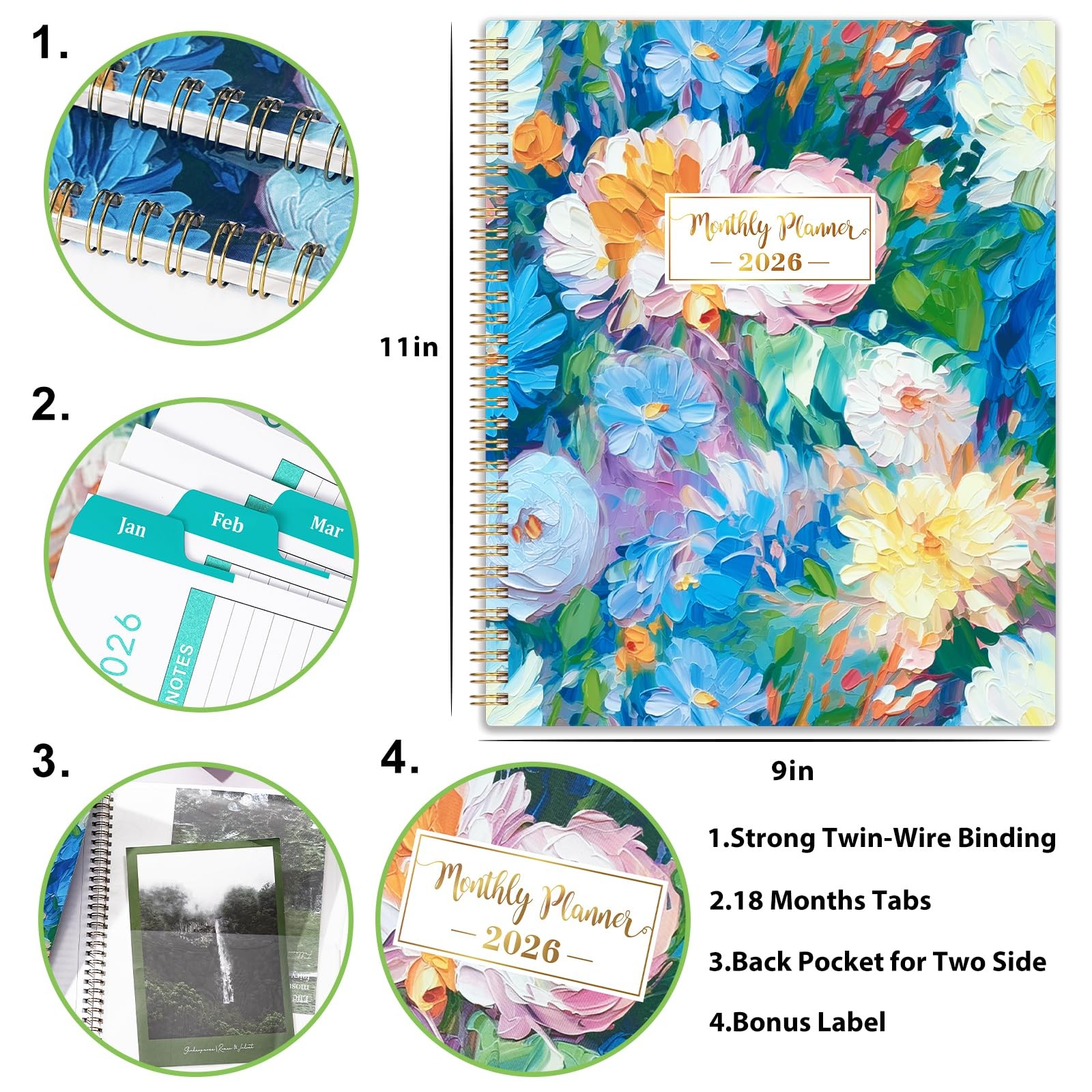 2026 Monthly Planner Twin-Wire Binding Calendar Planner, 11×9 Inch