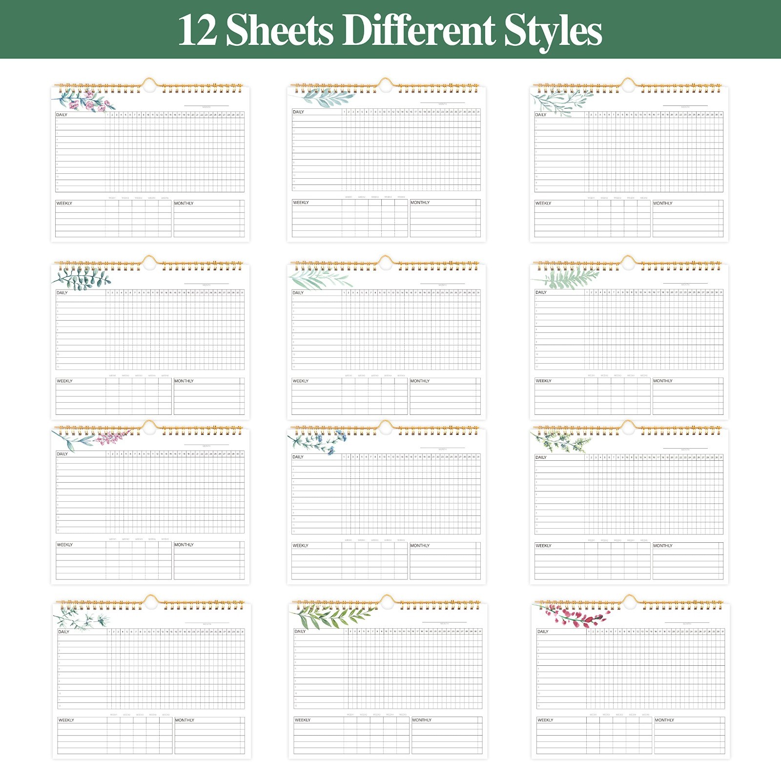 Spiral Habit Tracker, 8×10 Undated Calendar, Goal Setting Planner, Green