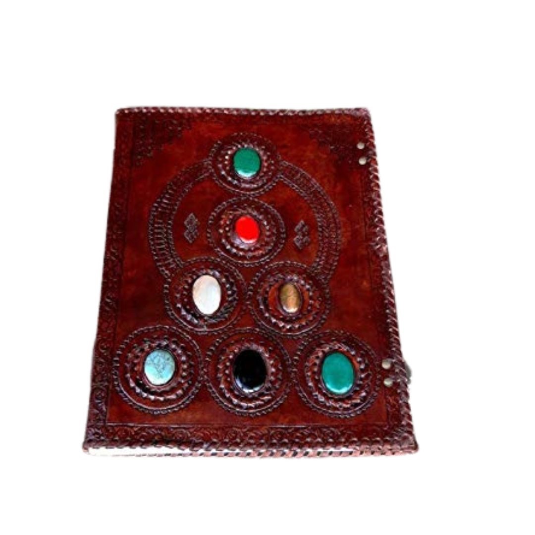 Handmade Vintage Leather Journal – Chakra Embossed Seven Stone Notebook 10×13″