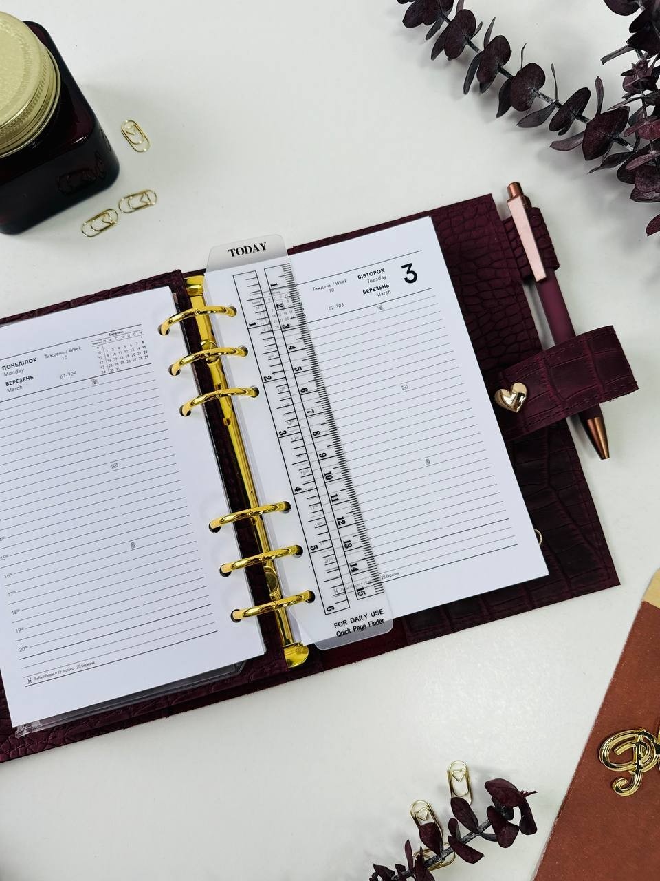 Burgundy A6 leather notebook cover binder 6-Rings. Dated planner gift for her.