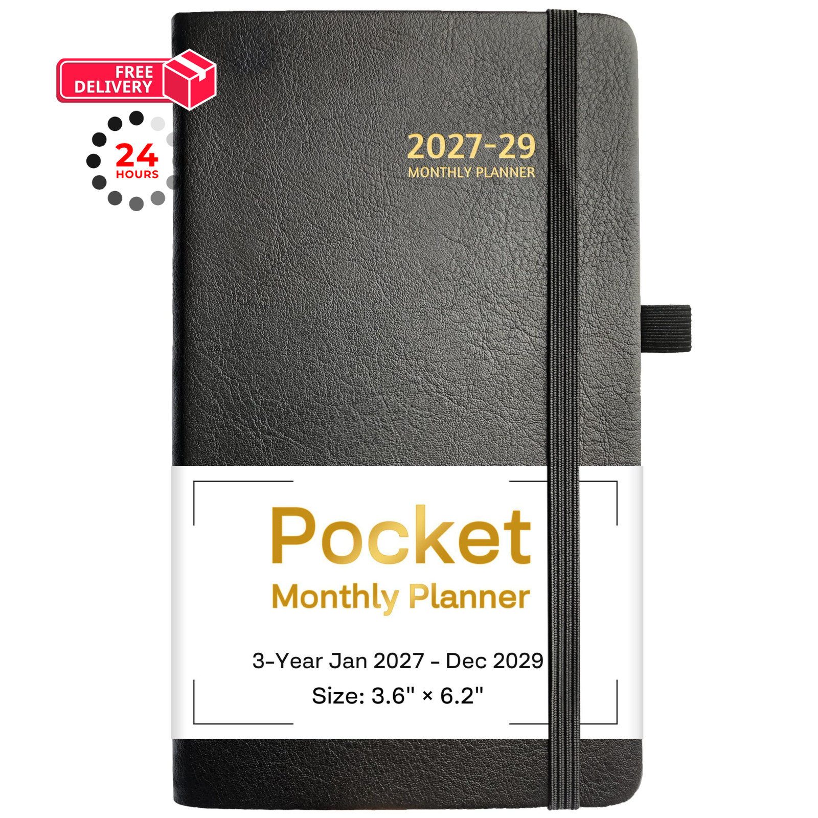 2027-2029 Pocket Monthly Planner, 3 Year Calendar 6.2” x 3.6”, Black