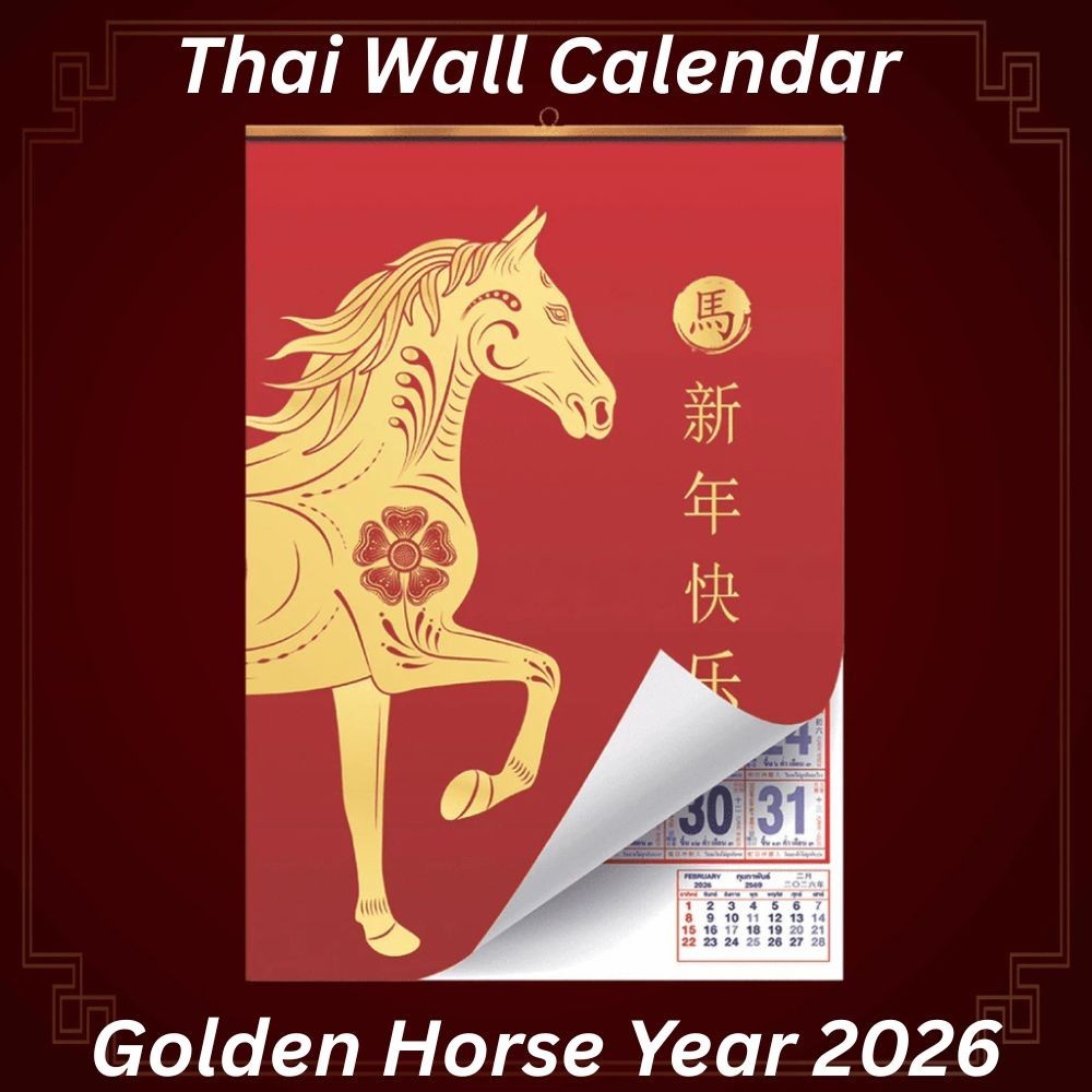 2026 Thai Wall Calendar Year of the Golden Horse, Large 38x53cm, Buddhist Luck