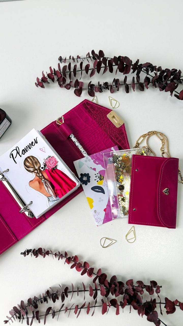 Pink leather notebook cover A7 binde rings mini wallet. Dated planner gift.