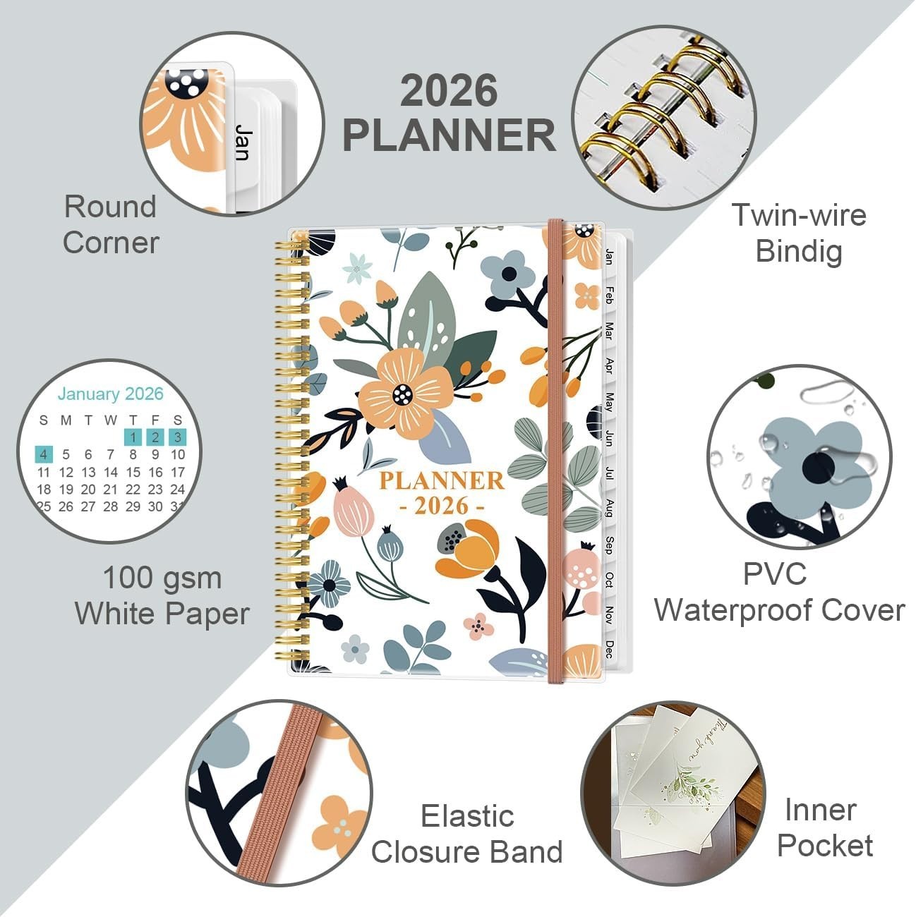 Rose-Floral 2026 Planner – Weekly/Monthly Organizer, 8.5×11, Durable & Elegant
