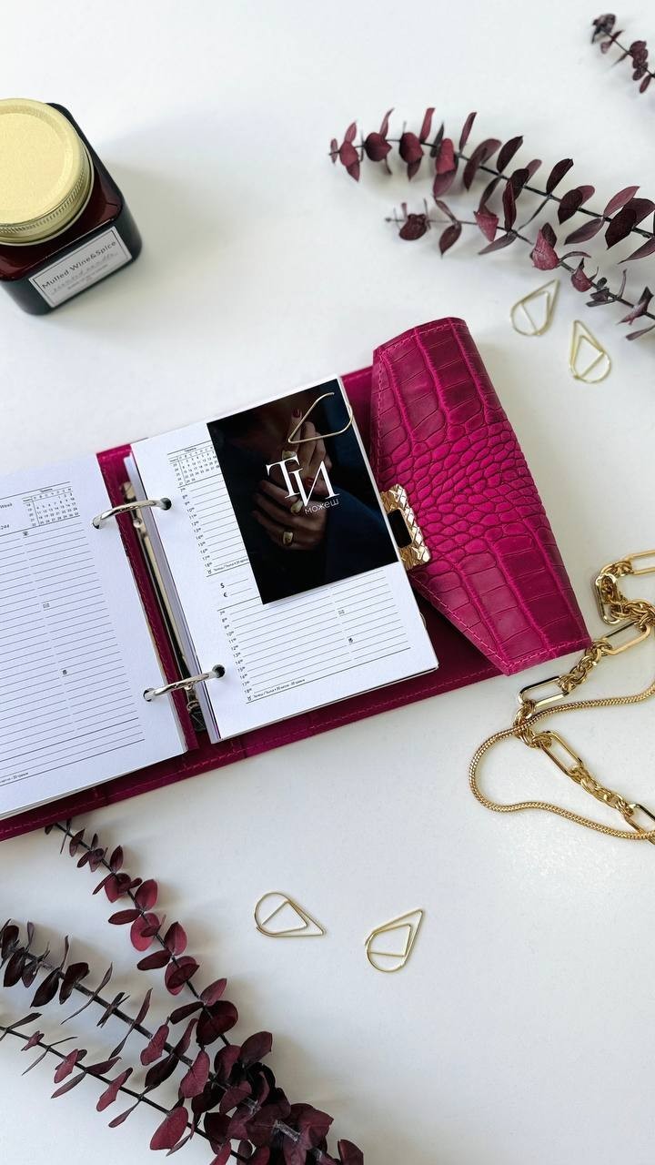 Pink leather notebook cover A7 binde rings mini wallet. Dated planner gift.