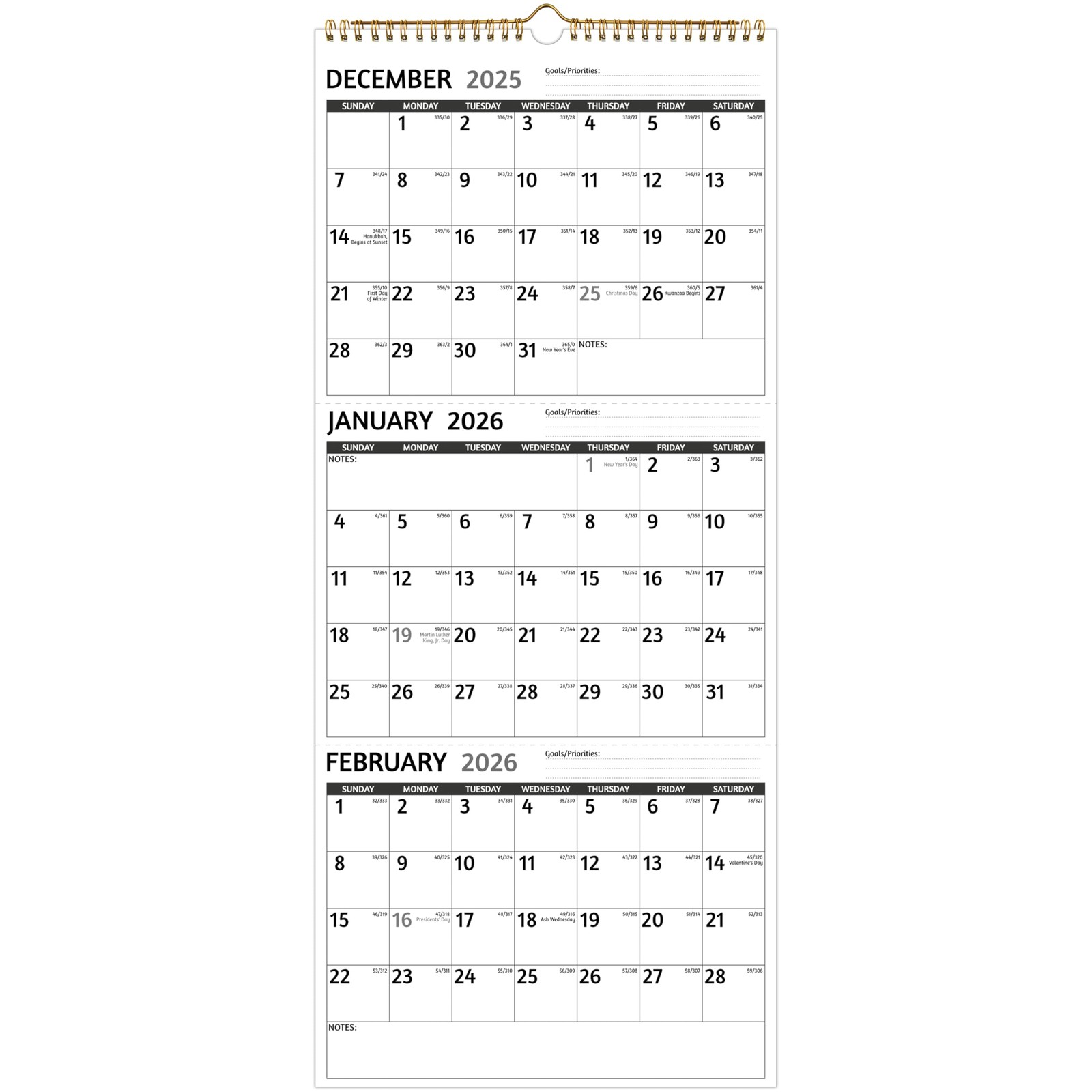 2026 Wall Calendar – 3 Month 2026 Vertical, Jan 2026 – Dec Black