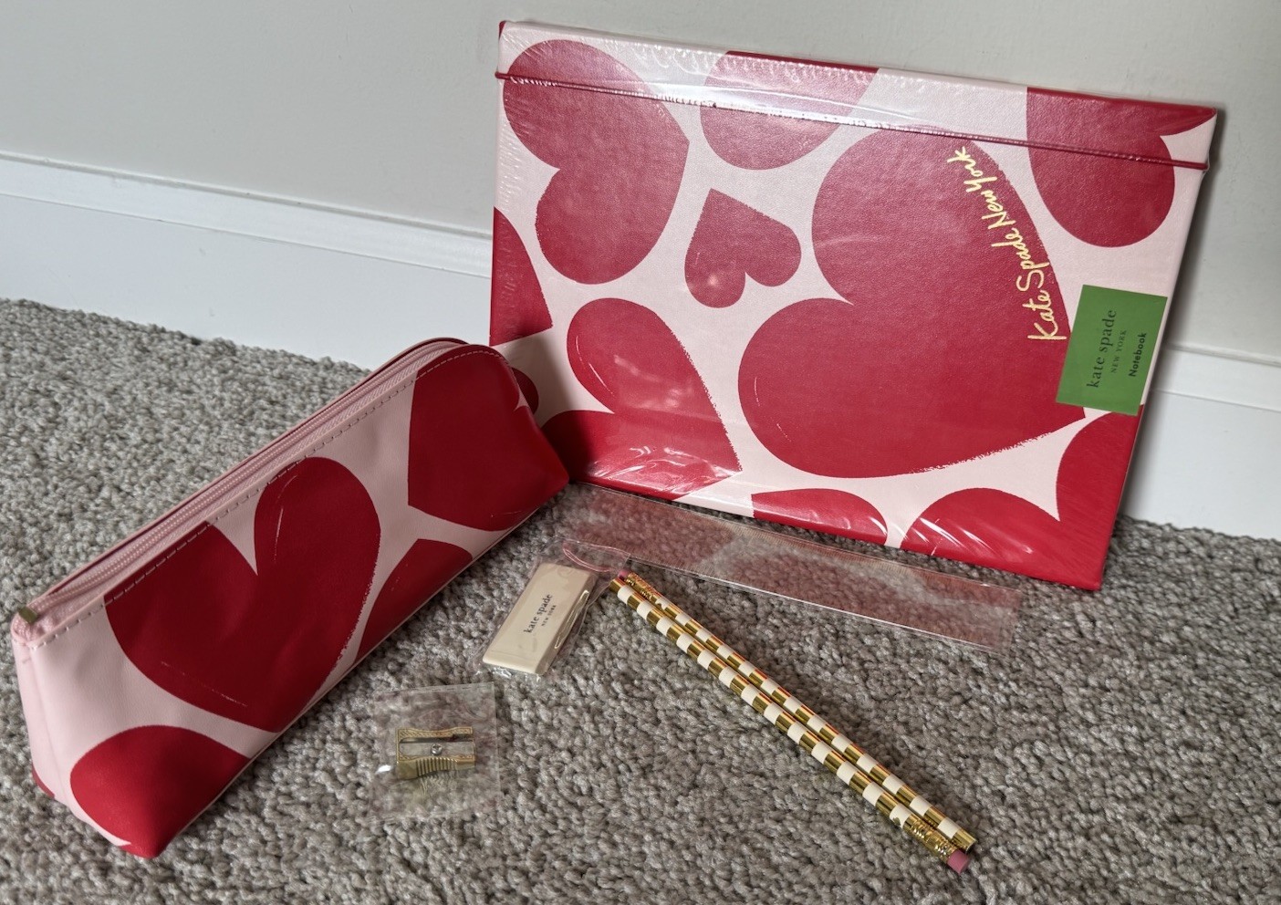 Kate Spade Sweet Hearts Take Note Notebook w Pencil Holder and Office Supplies