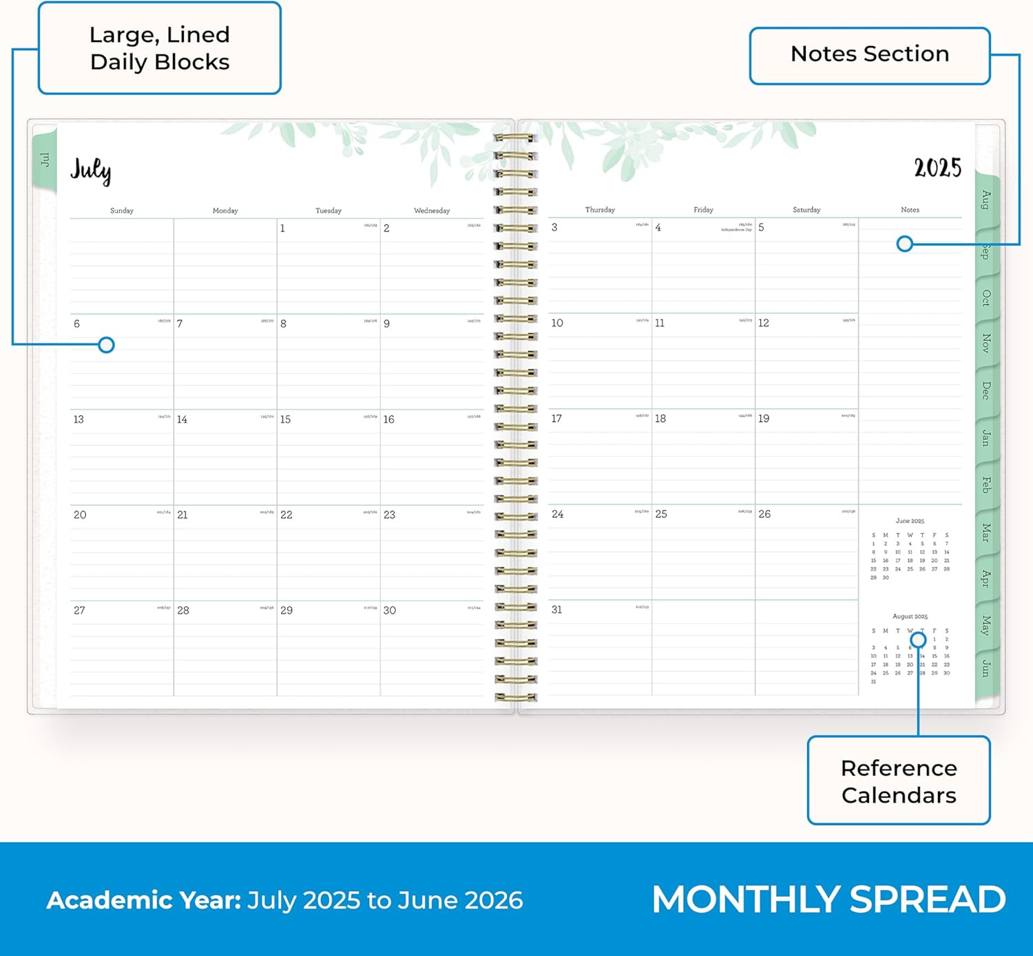 Weekly and Monthly Academic Year Planner Calendar, July – June, Flexible Cover,