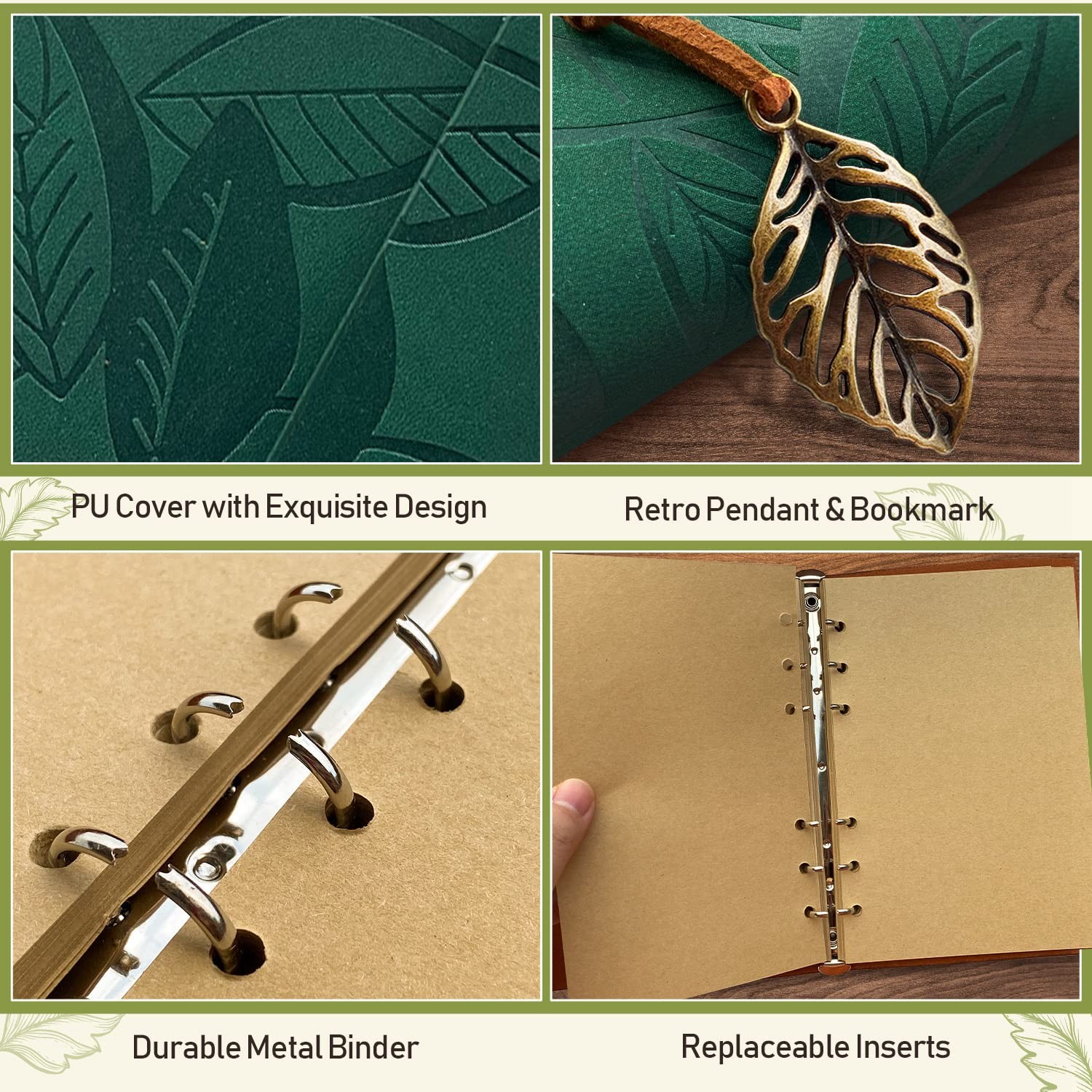 PU Leather Journal Notebook, Vintage Refillable Bound Travel A5 Grün, Green