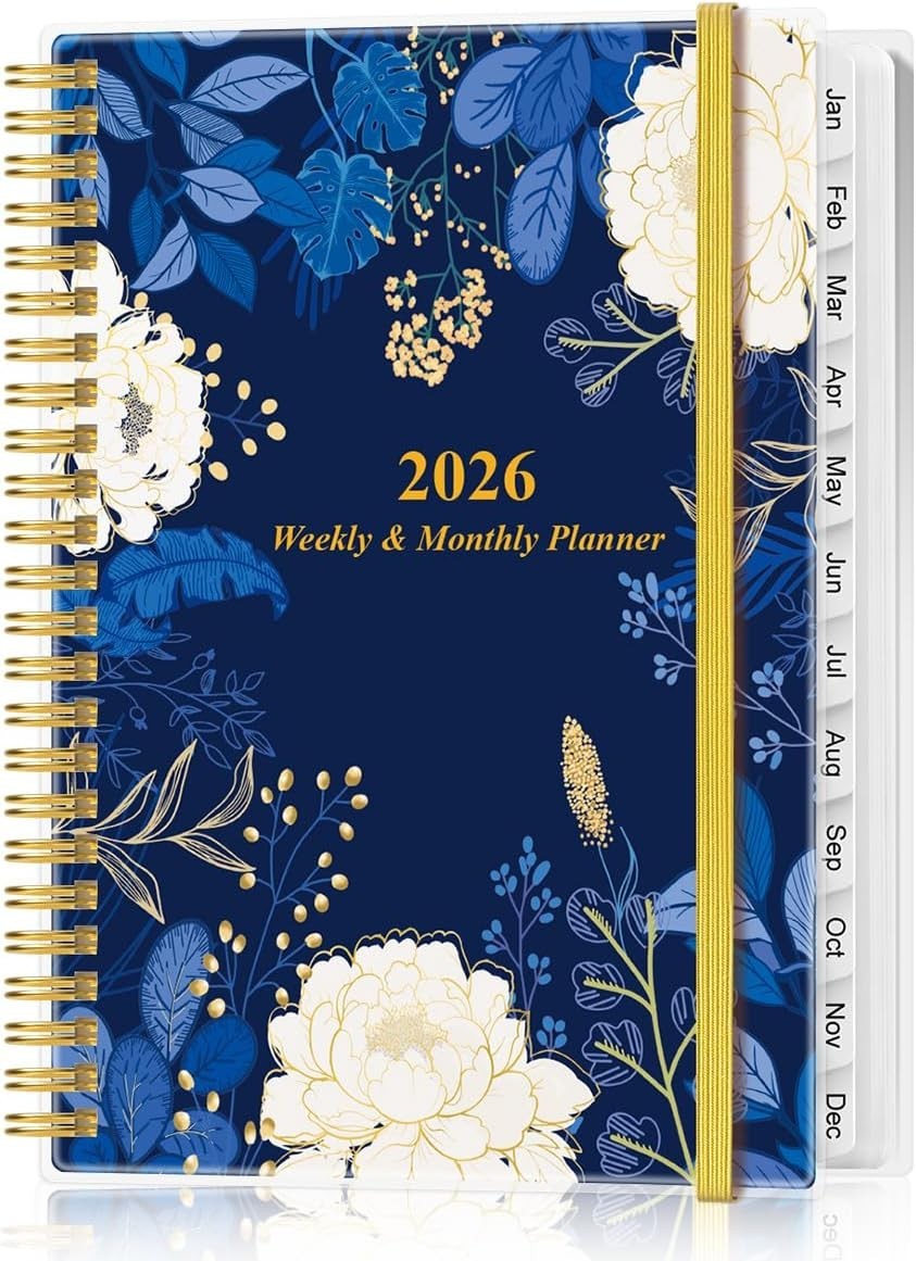 Elegant 2026 Weekly & Monthly Planner, Spiral Bound 6.4×8.5, Blue-Lef-Flower