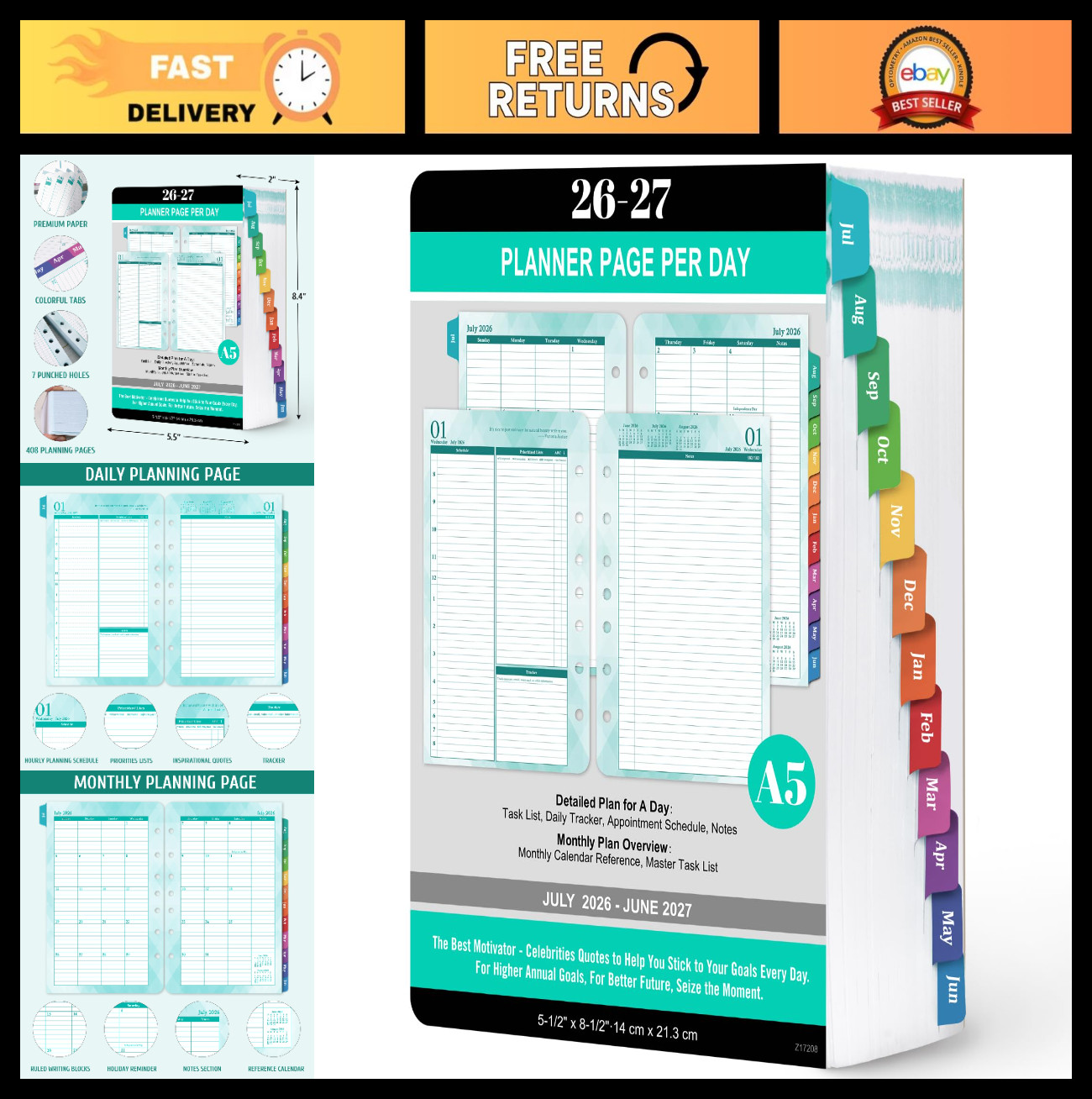 2026-2027 Daily Weekly Monthly Planner Refills, 7-Hole Inserts, Colorful Tabs, 5