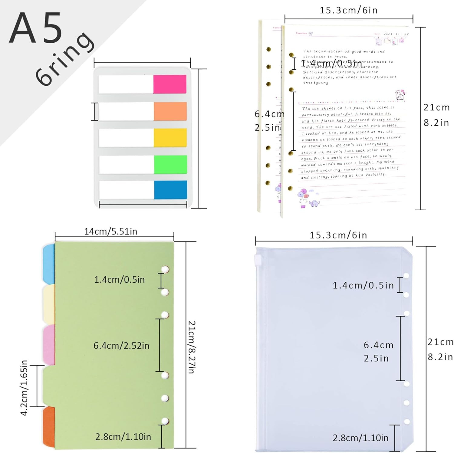 A5 Refill Line Paper, Colorful 6-Rings Binder Papers Refill, Notebook Inserts R