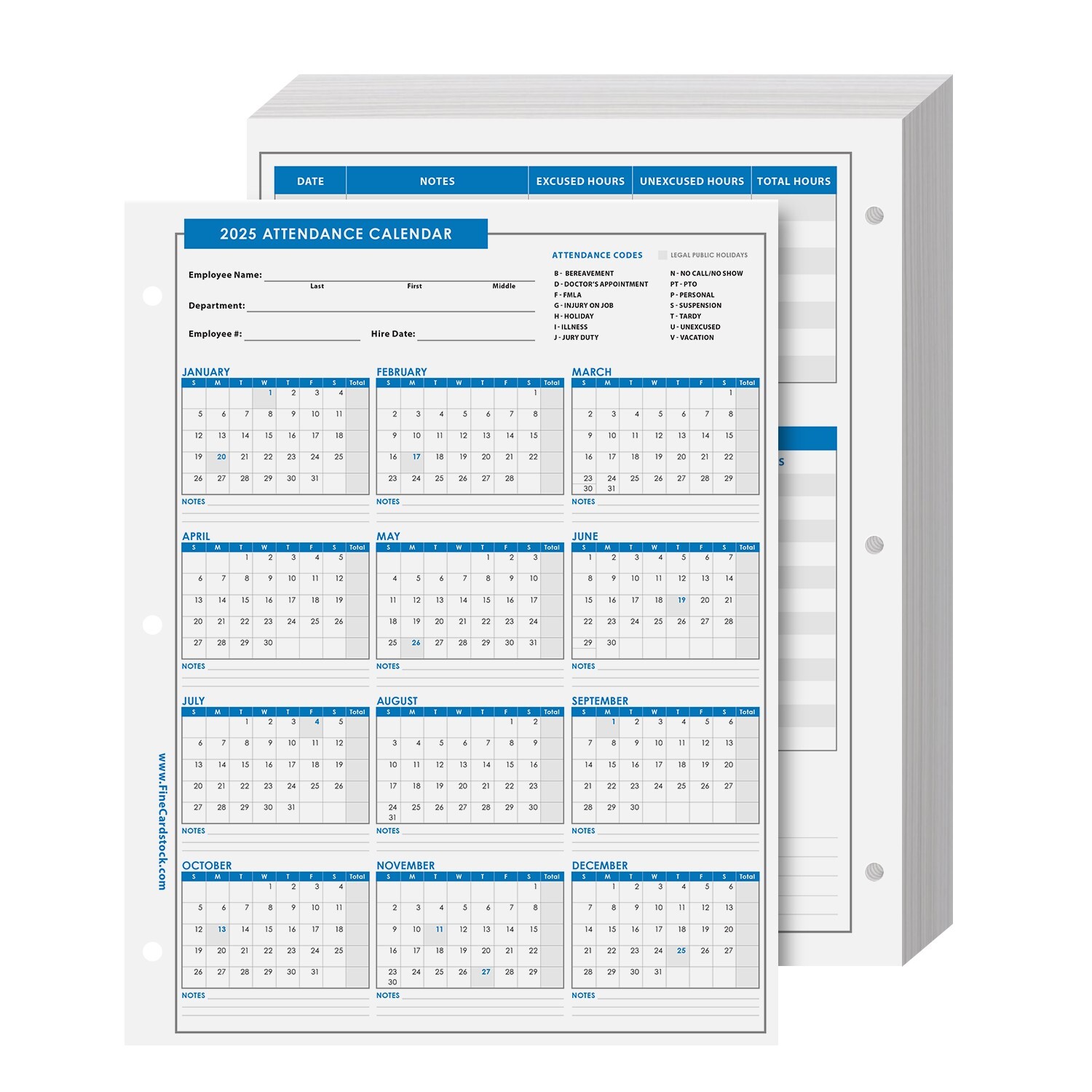 2025 Attendance Calendar Cardstock, Employee Work Tracker, 8.5 x 11, 25 Qty