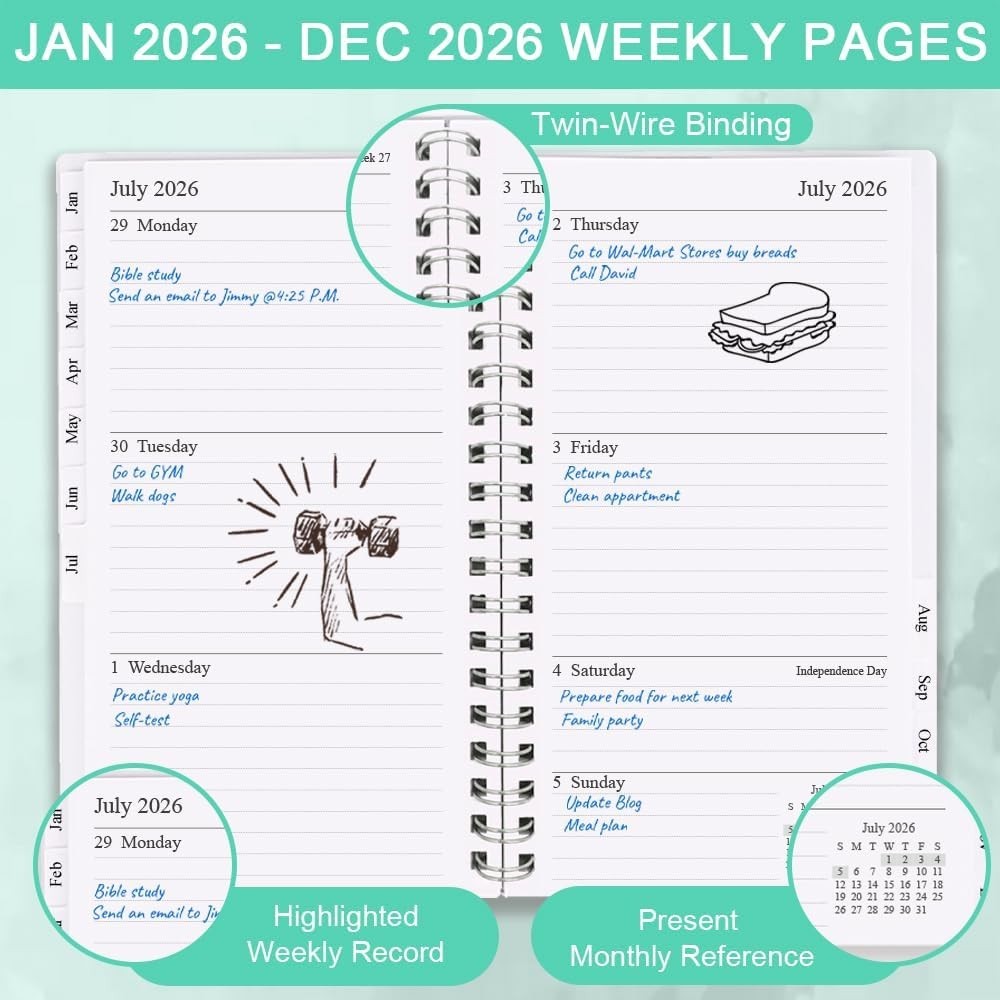 Stylish Teal 2026 Weekly Planner – A6 Size with Tabs for Easy Daily Organization