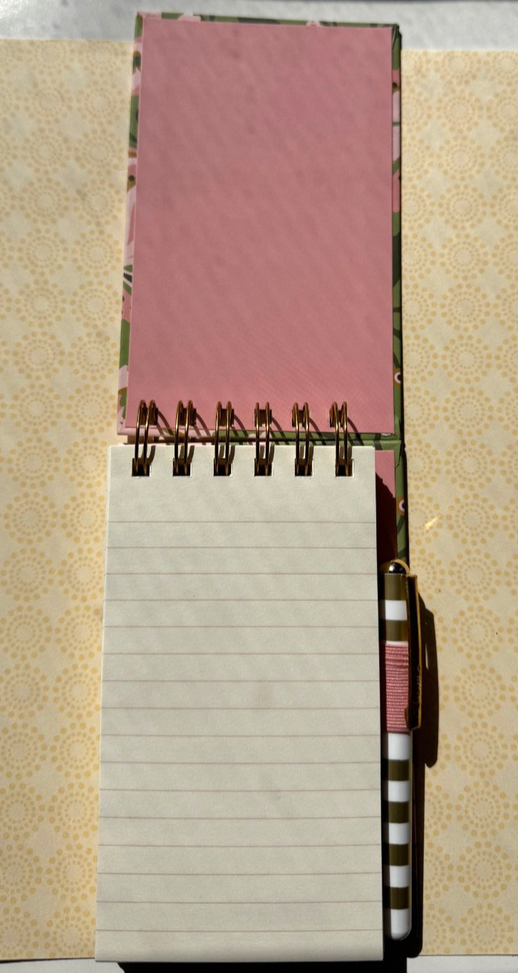 Spiral Pocket Lined Notebook + Pen-Floral Design-6.5 in x3.5 in- Shopping list..