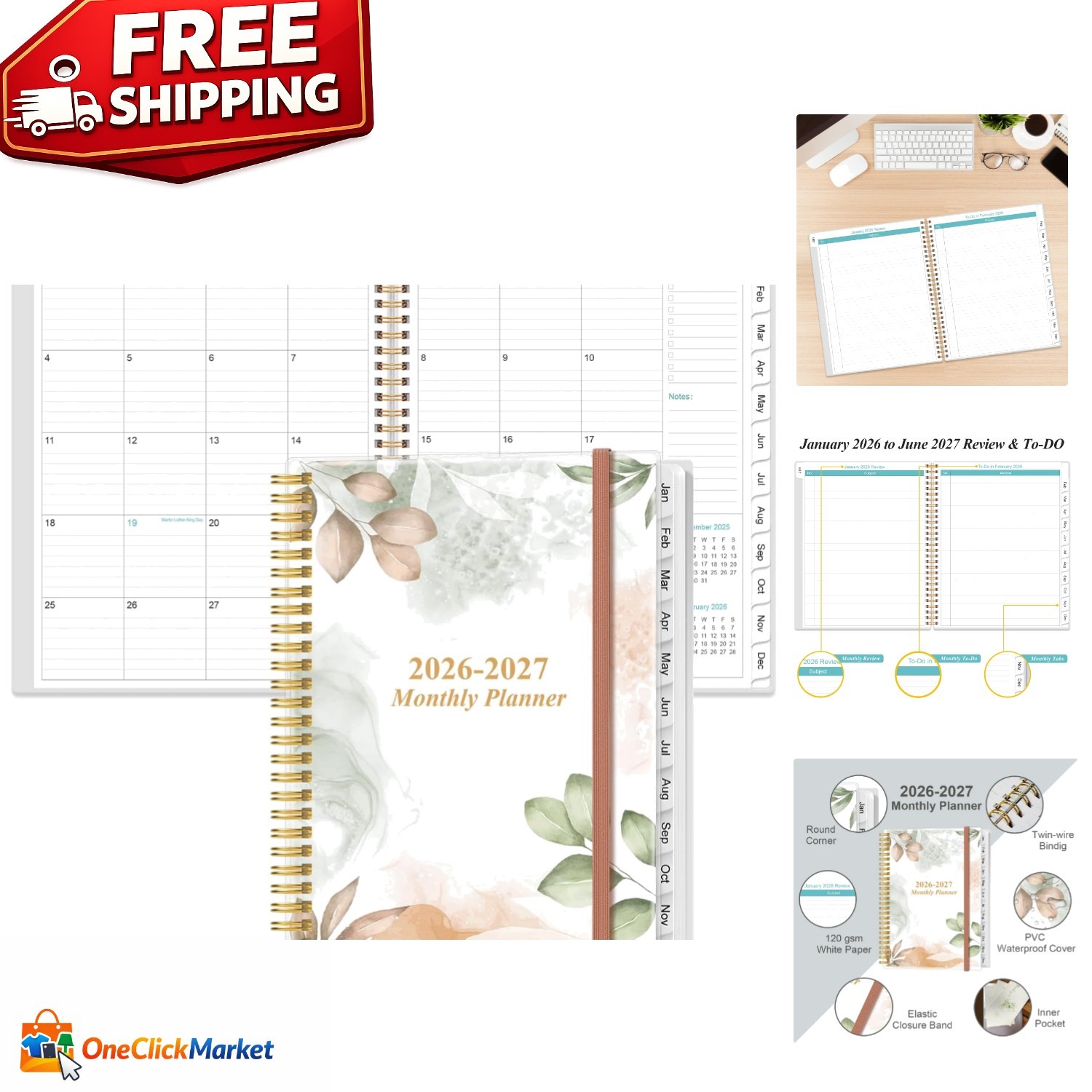 Professional 2026-2027 Planner – 18 , Tabbed, with Quality Inner Pocket