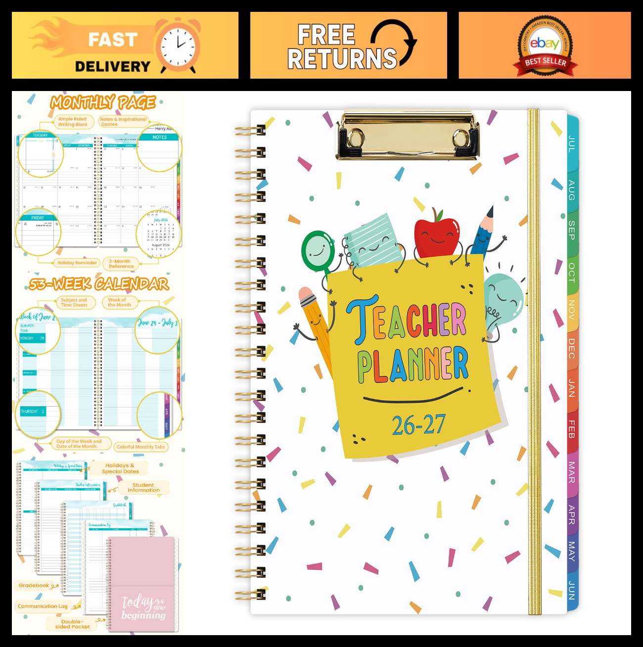 2026-2027 Teacher Planner – Academic Lesson Planner, Hardcover, Clipboard, 9″x11