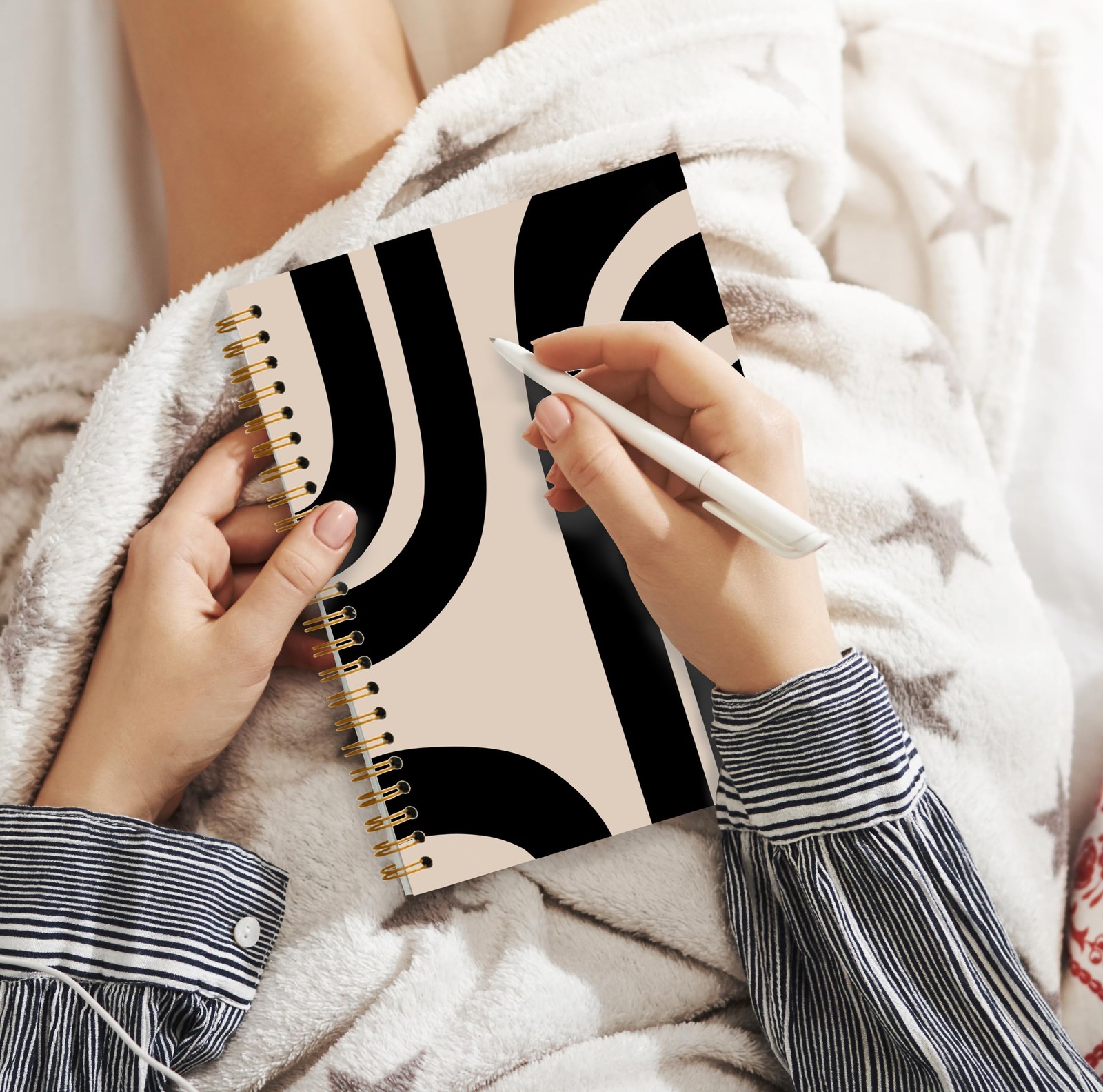 JWVK Boho Notebook, Abstract Black and Beige Minimalist Line Spiral color_1