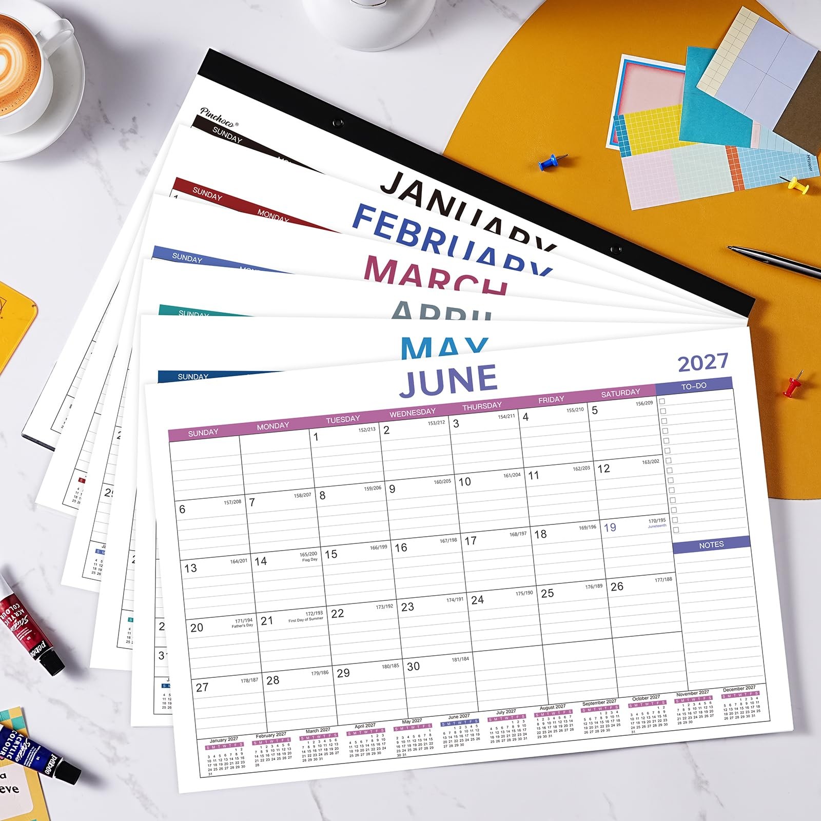 Desk Calendar 2026-2027 – 17″ x 12″, Black, Grey, Blue, Purple, Red