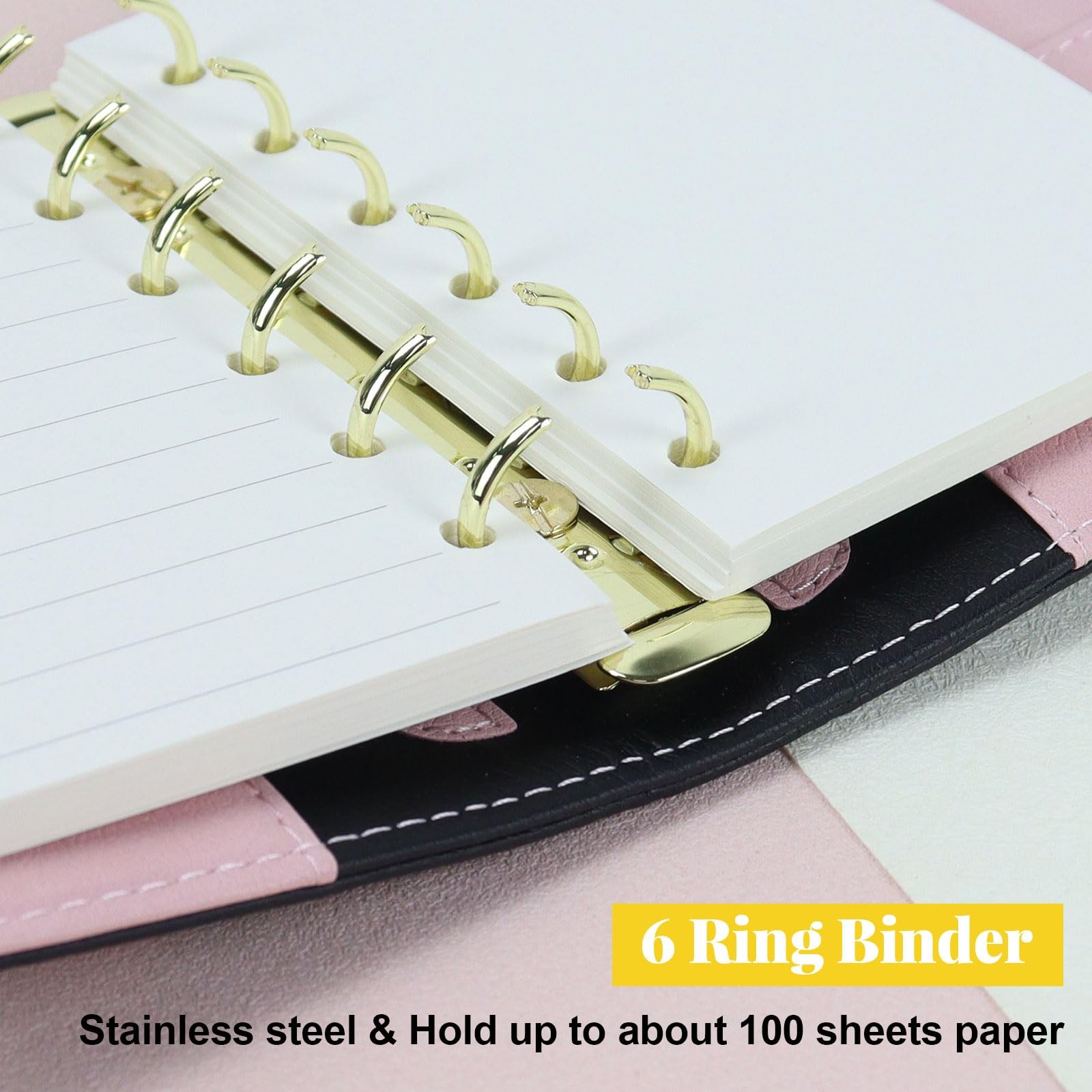 Koqye A7 Refillable Planner Small Binder Notebook 6 Ring, A7, Black & Pink