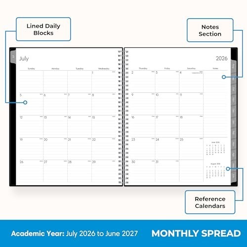 Weekly Monthly Academic Year Planner July 2026 June 2027 8.5×11 Flexible Cover