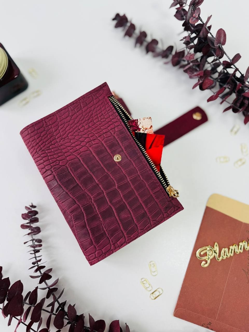 Burgundy A6 leather notebook cover binder 6-Rings. Dated planner gift for her.