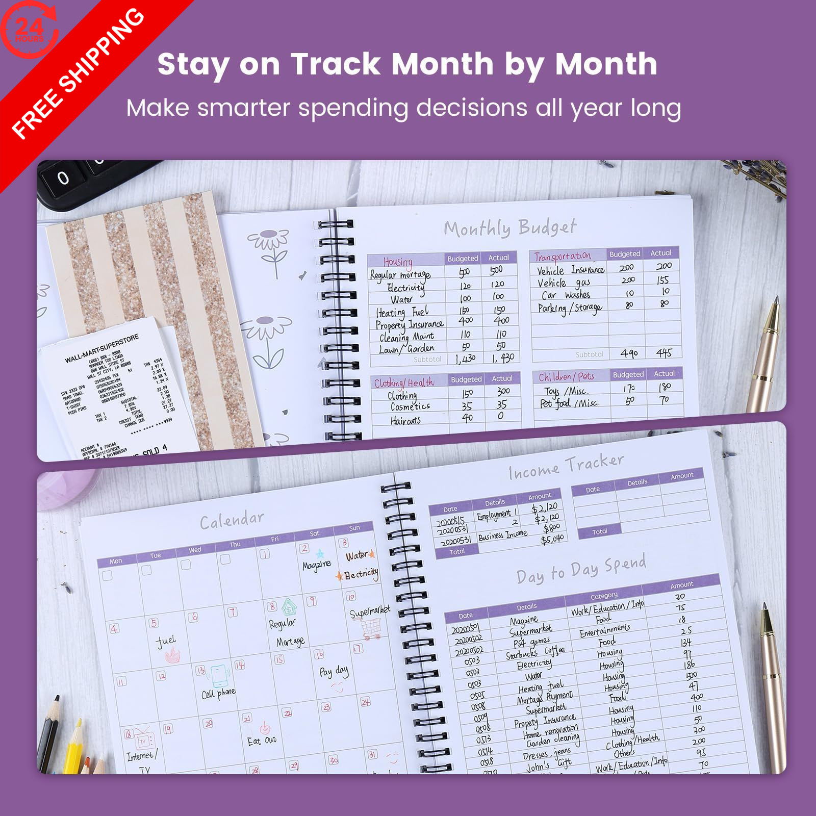 Monthly Budget Planner Book (Undated) with 12 9.25 x 6.81″, Purple Floral