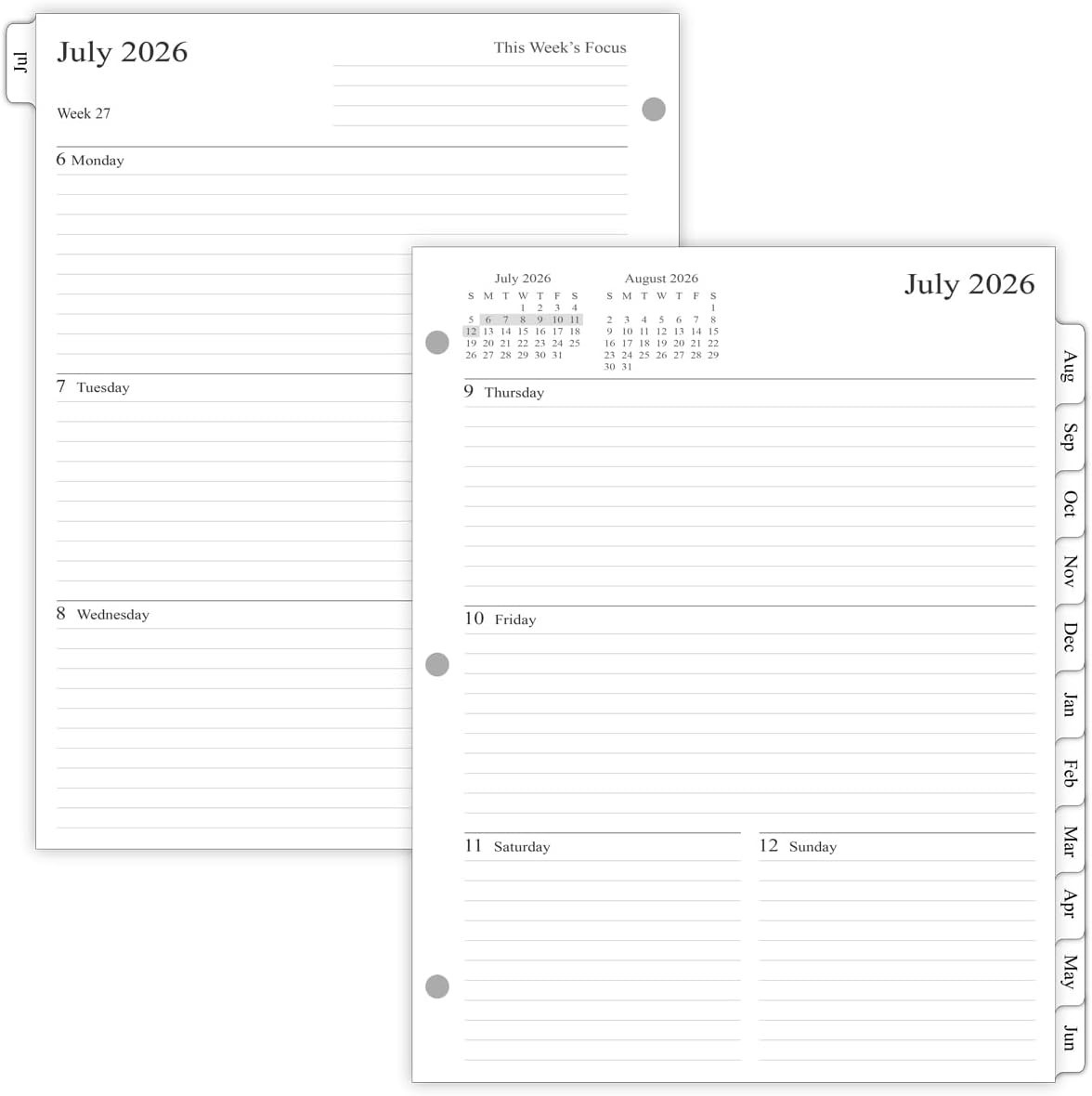 2026-2027 Weekly Planner Refills with Monthly Tabs for 3-Ring Binders – 8.5×11