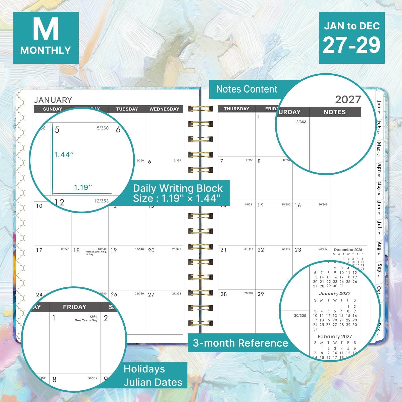 2027-2029 Monthly Planner/Calendar – 3 Year 6.3″ x 8.4″, oil painting