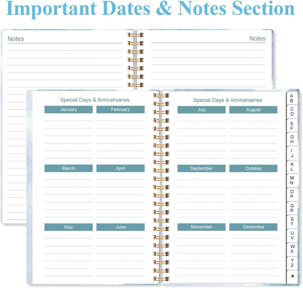 Book with Tabs, Spiral Contacts, Dates, Phone, Password, 4.3″ x 6.2″, Blue