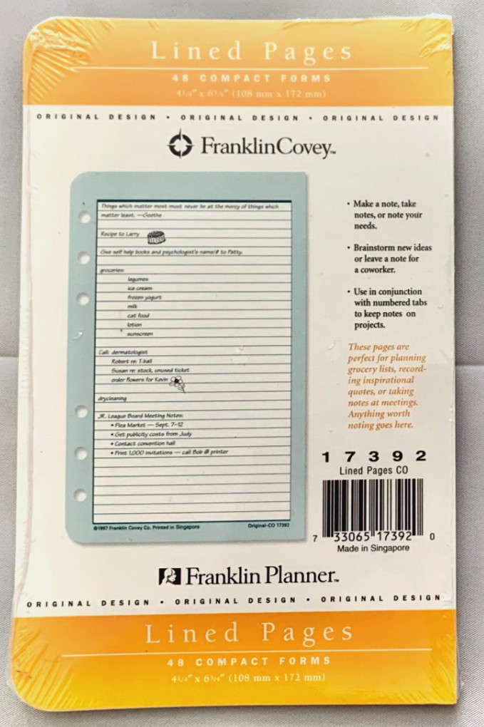 Franklin Covey Compact 6-Hole Original Lined Pages, 48 Sheets 4.25 x 6.75, 17392