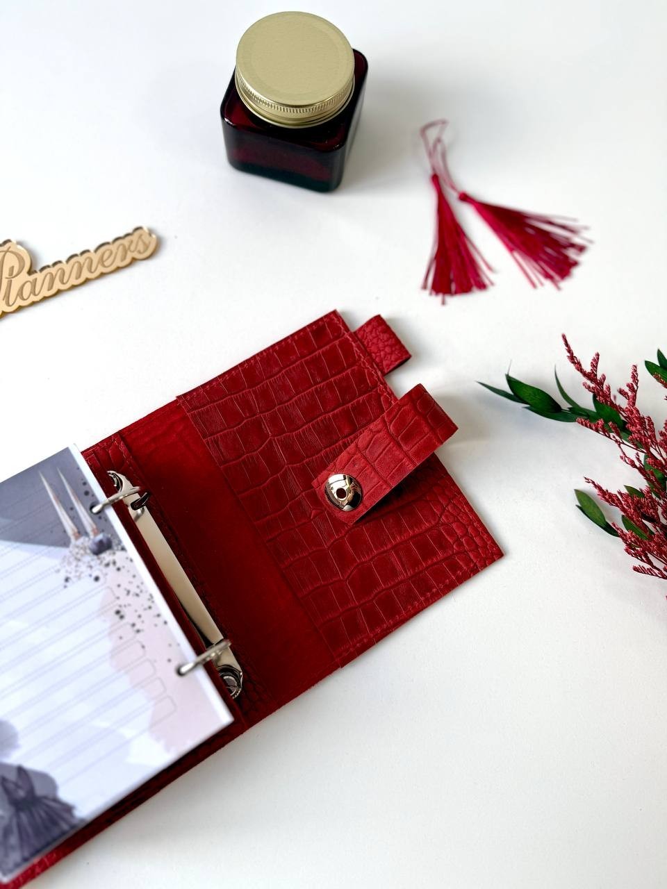 Mini red leather notebook-wallet cover A7 Big rings mini wallet. Mini Planner.