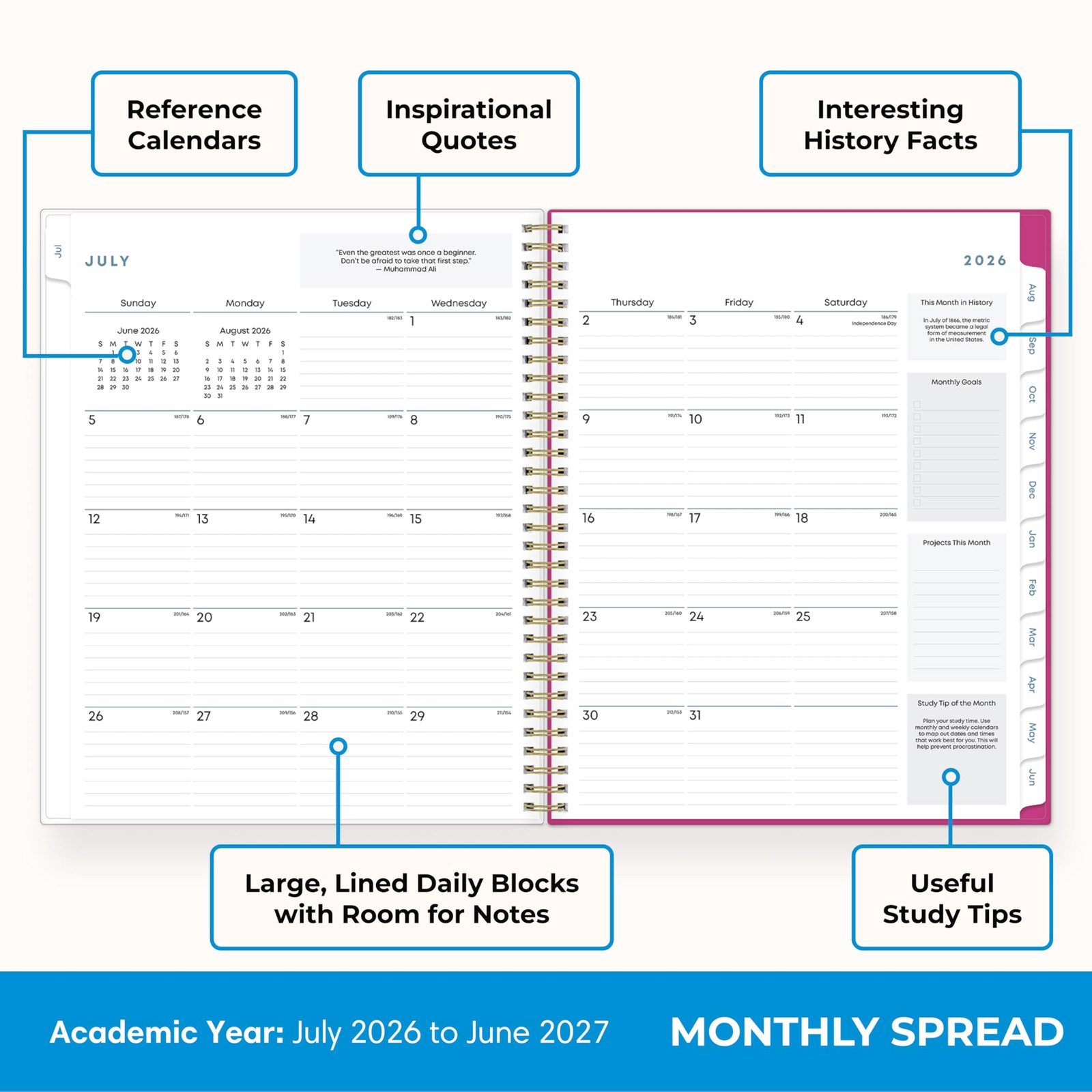 2026-2027 Weekly and Monthly Academic Year Student Planner Calendar, July 202…