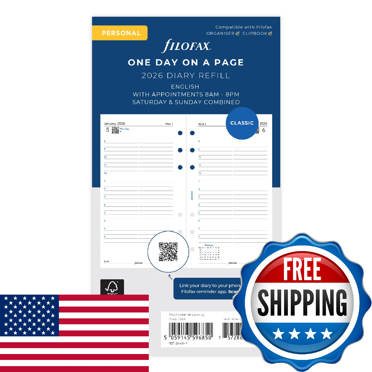 Filofax Personal day per page English appointments 2026 diary 26-68441