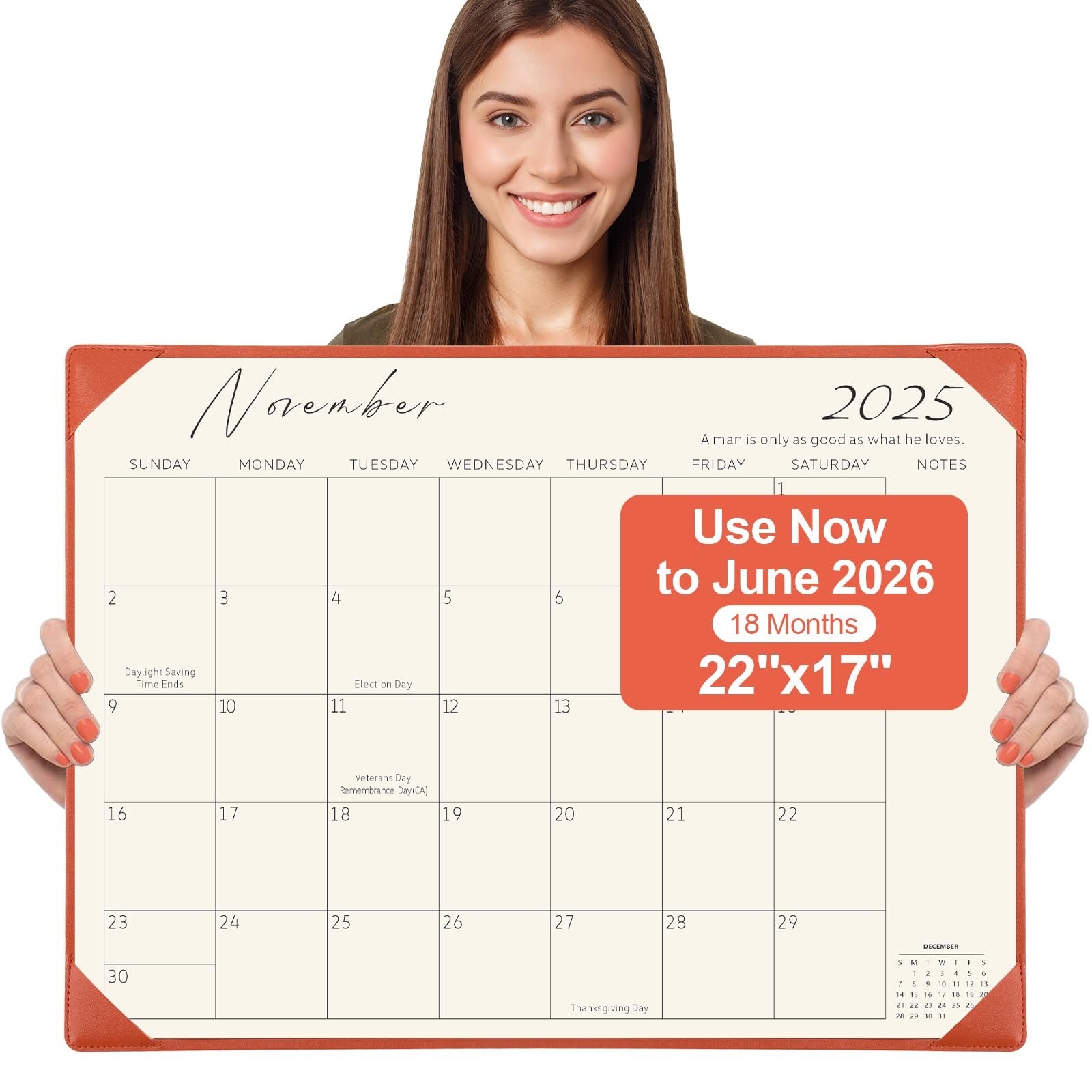 Gannyfer Desk Calendar 2025-2026 with Desktop Mat, 22″ x 17″, Orange