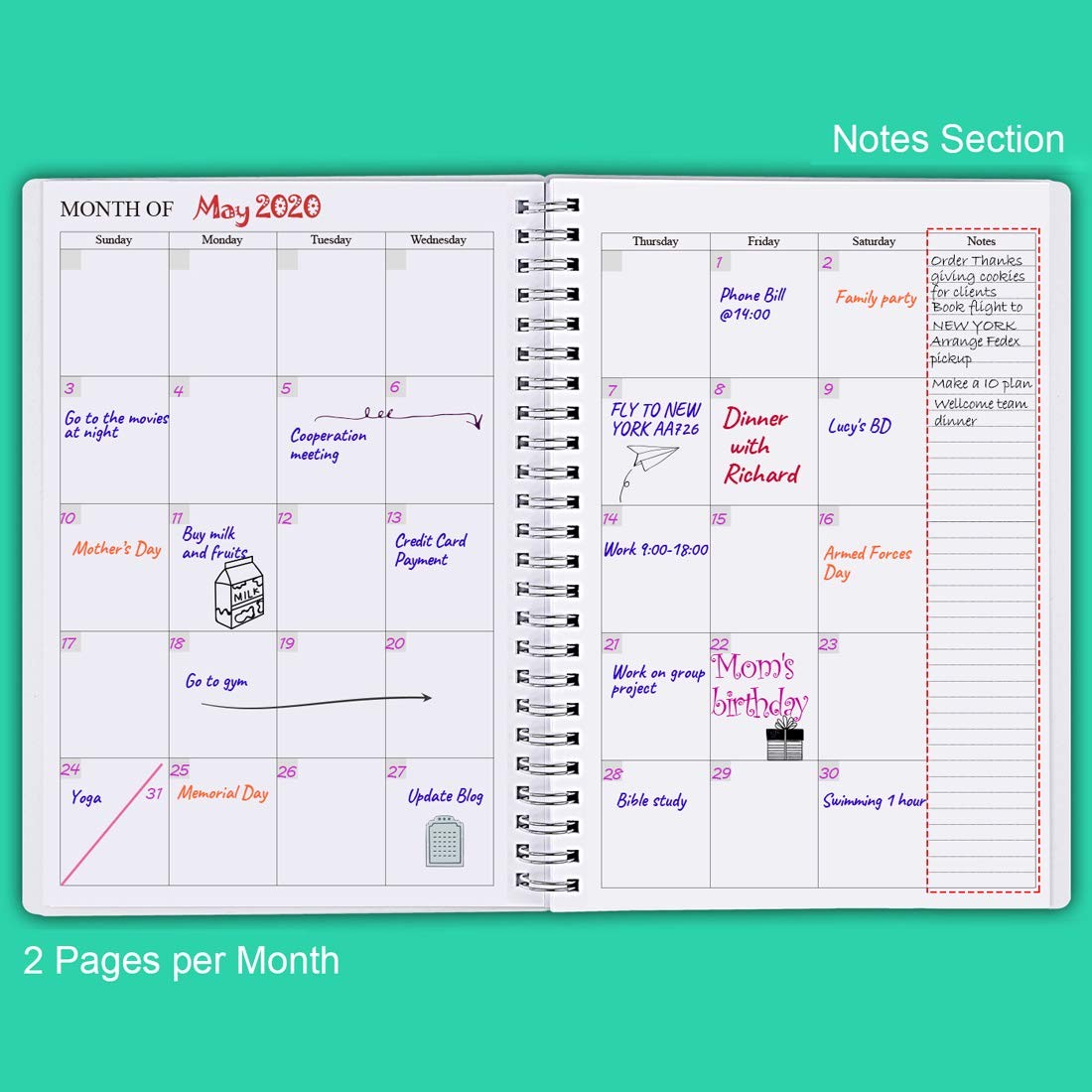 Nokingo Undated Planner for 2026 or Any Year – Weekly & 5.5×8.25 inches, Teal