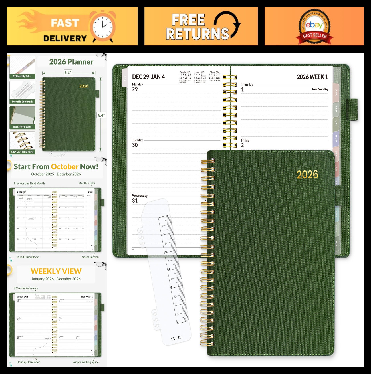 2026 Weekly & Monthly Planner 6.4″x8.5″ – Vegan Leather, Pocket, Bookmark, Deep