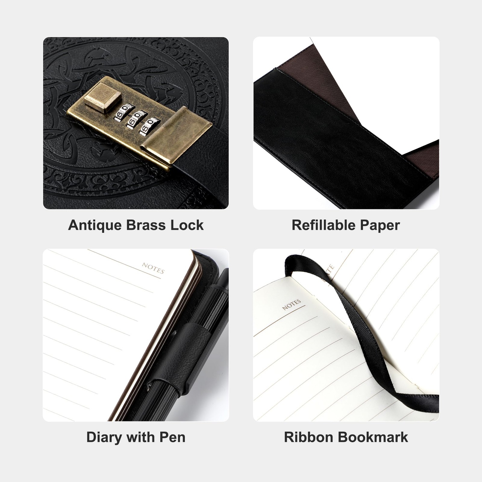 CAGIE Journal with Lock for Men and Women Refillable 290 Lined Pages Black