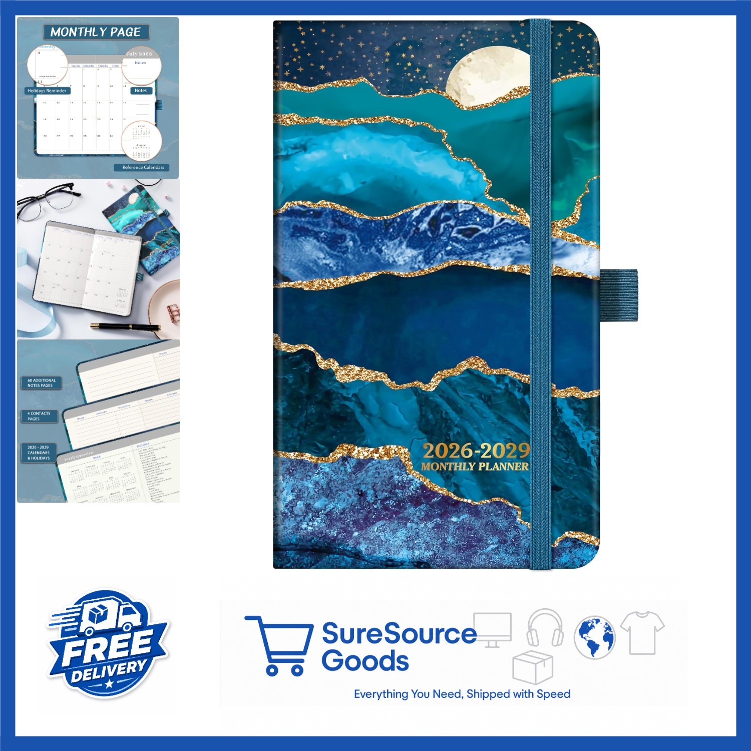 Monthly Planner 2026-2029 Blue Pocket Calendar with Pen Loop and Bookmarks