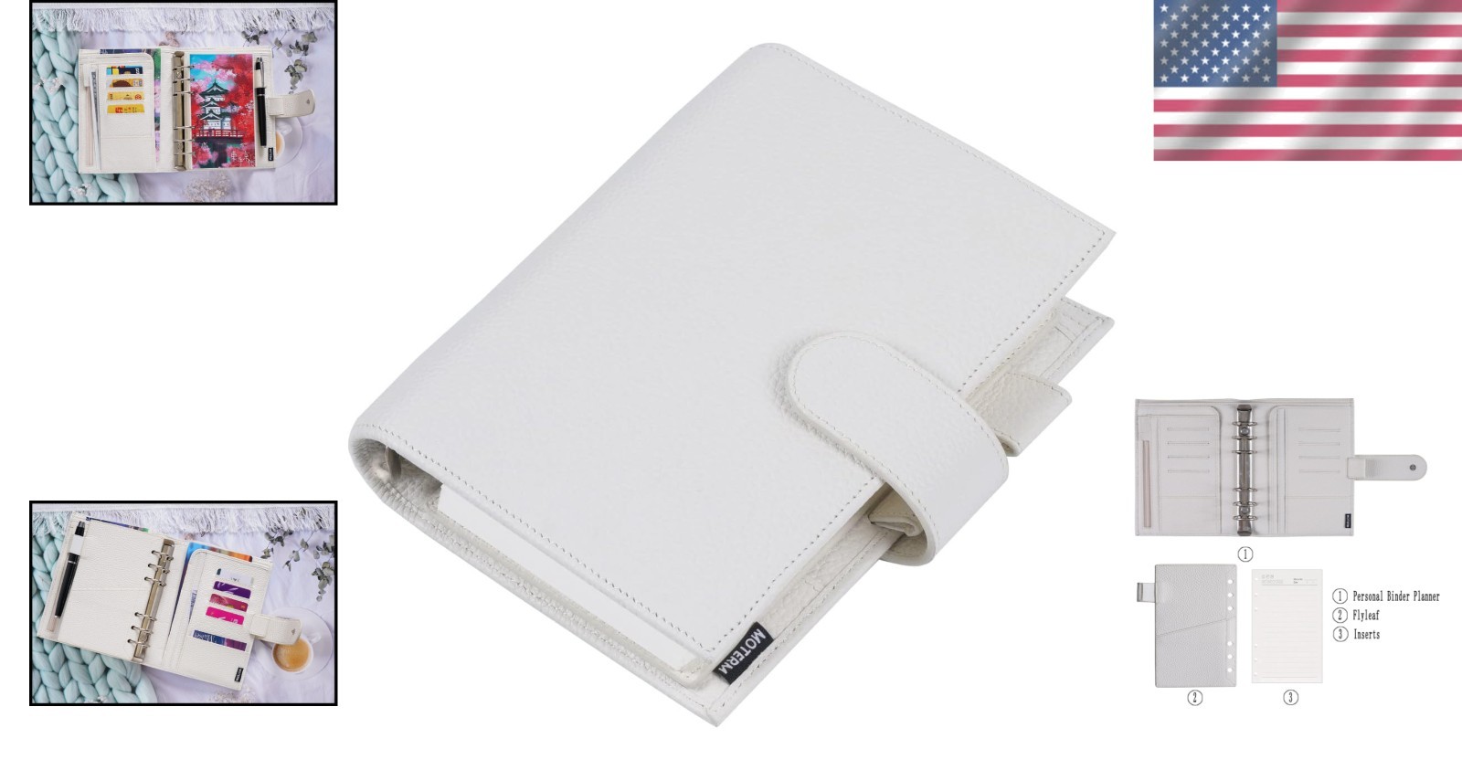 Leather Personal Planner Organizer 30mm Rings Undated Pebbled-Cream