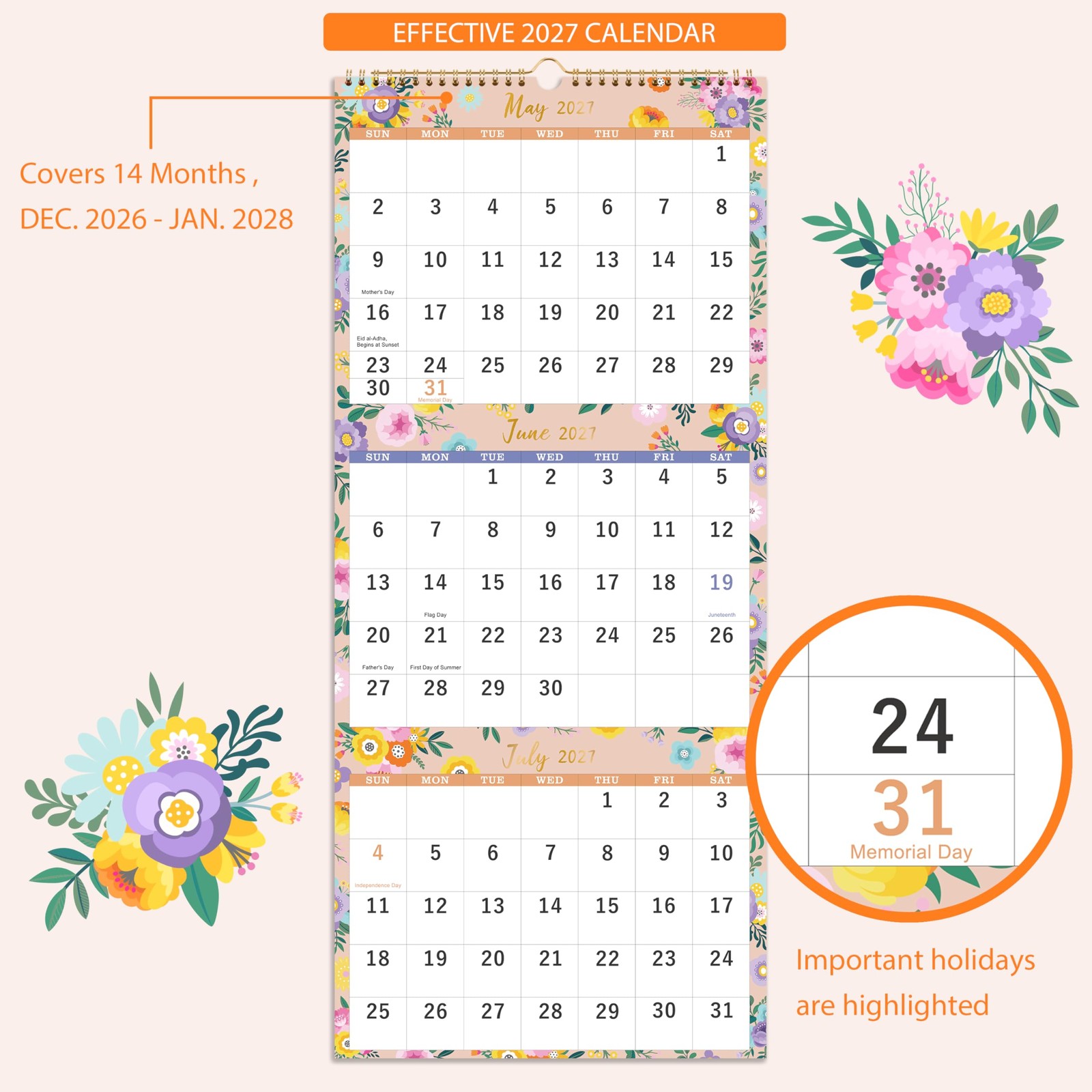 2027 Wall Calendar – 3-Month Display Vertical Calendar, 2027 11″ x 26″, Black