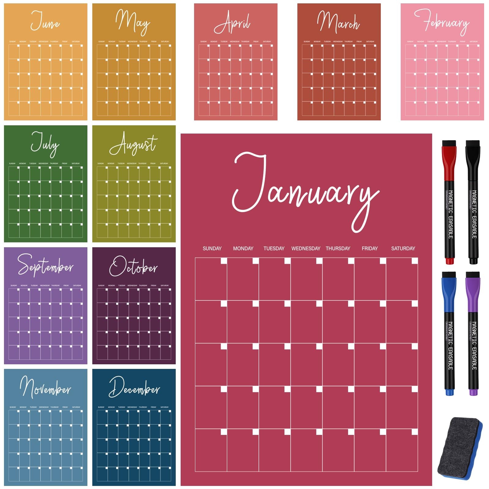 2026 Undated Large Wall Calendar 16″ x 12″ Dry Erase Big colorful