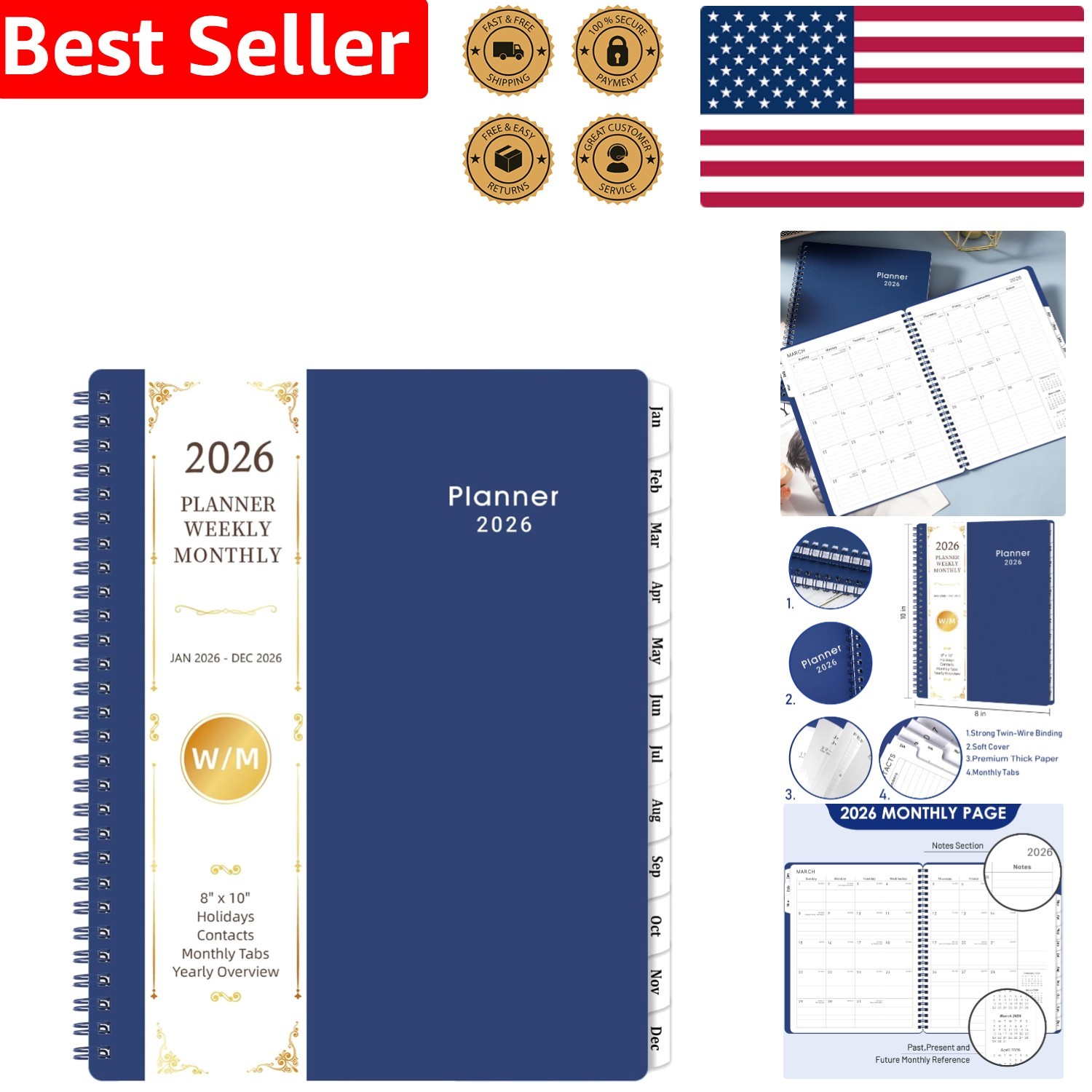 Elegant 2026 Calendar Planner – 8” x 10”, Twin-Wire Binding & Flexible Cover
