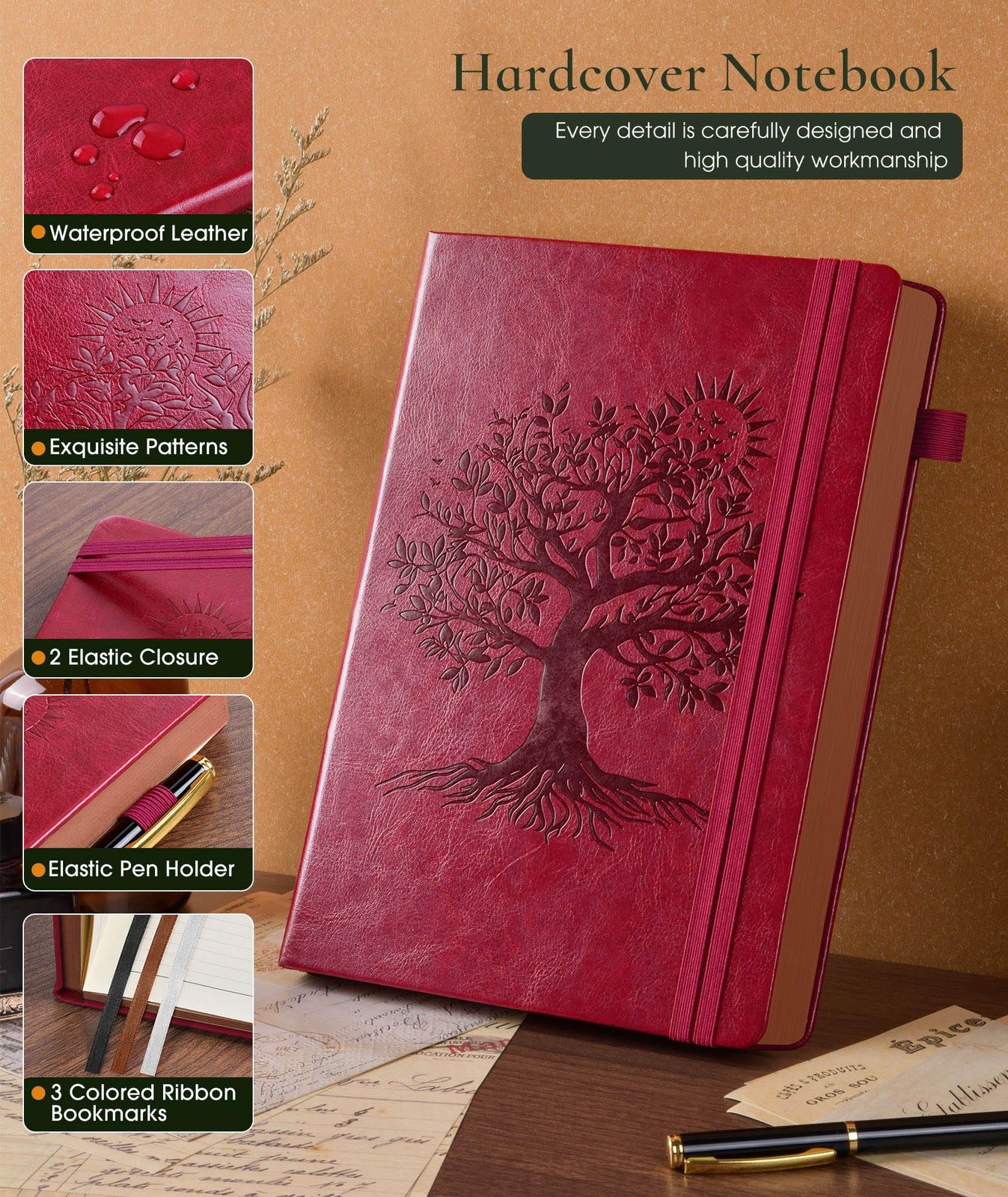 Vintage Leather Journal with 300 Numbered A4 (8.5in X 11.3in), Wine red